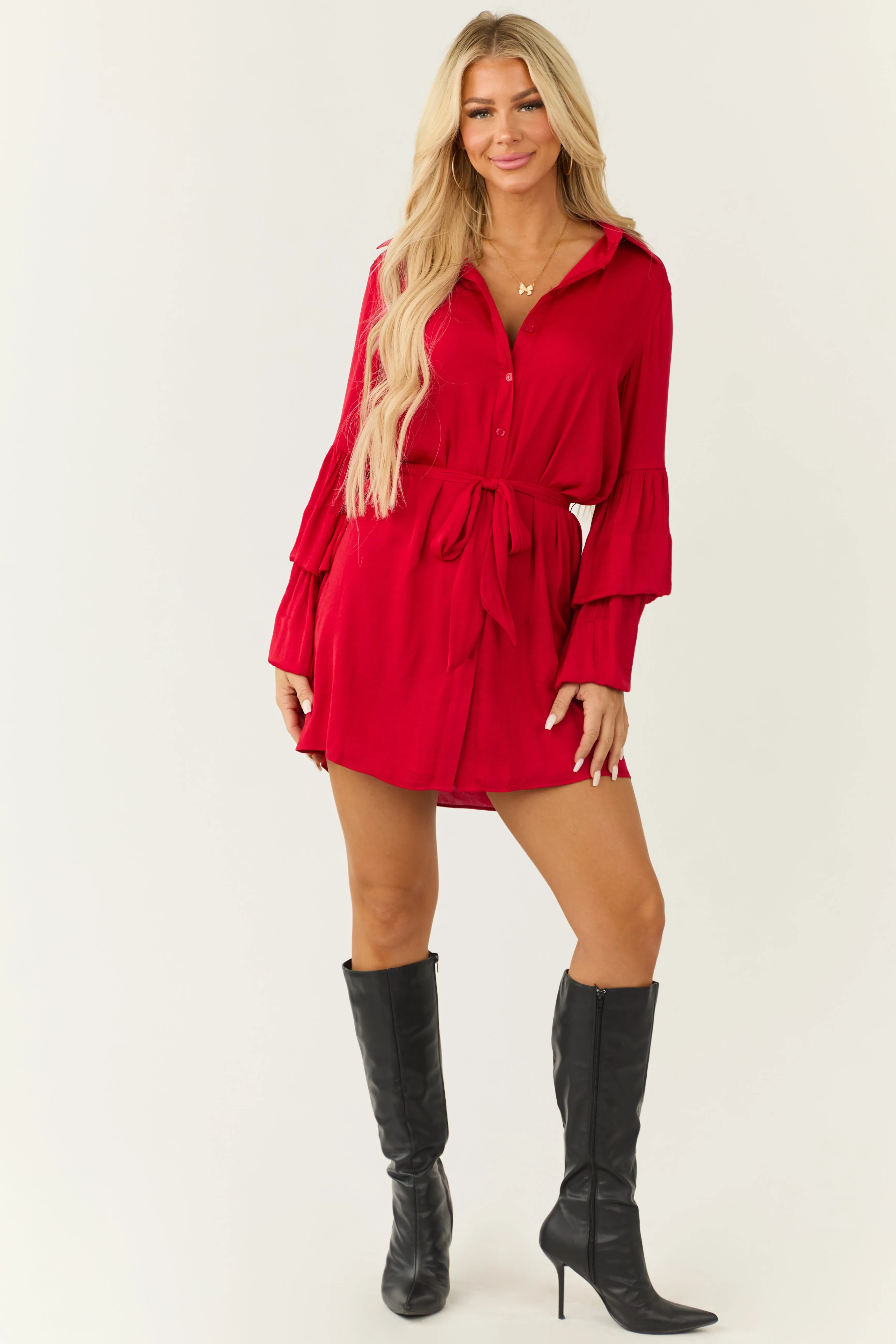 Bright Ruby Tiered Bell Long Sleeve Short Dress sold by Lime Lush product image thumbnail 2