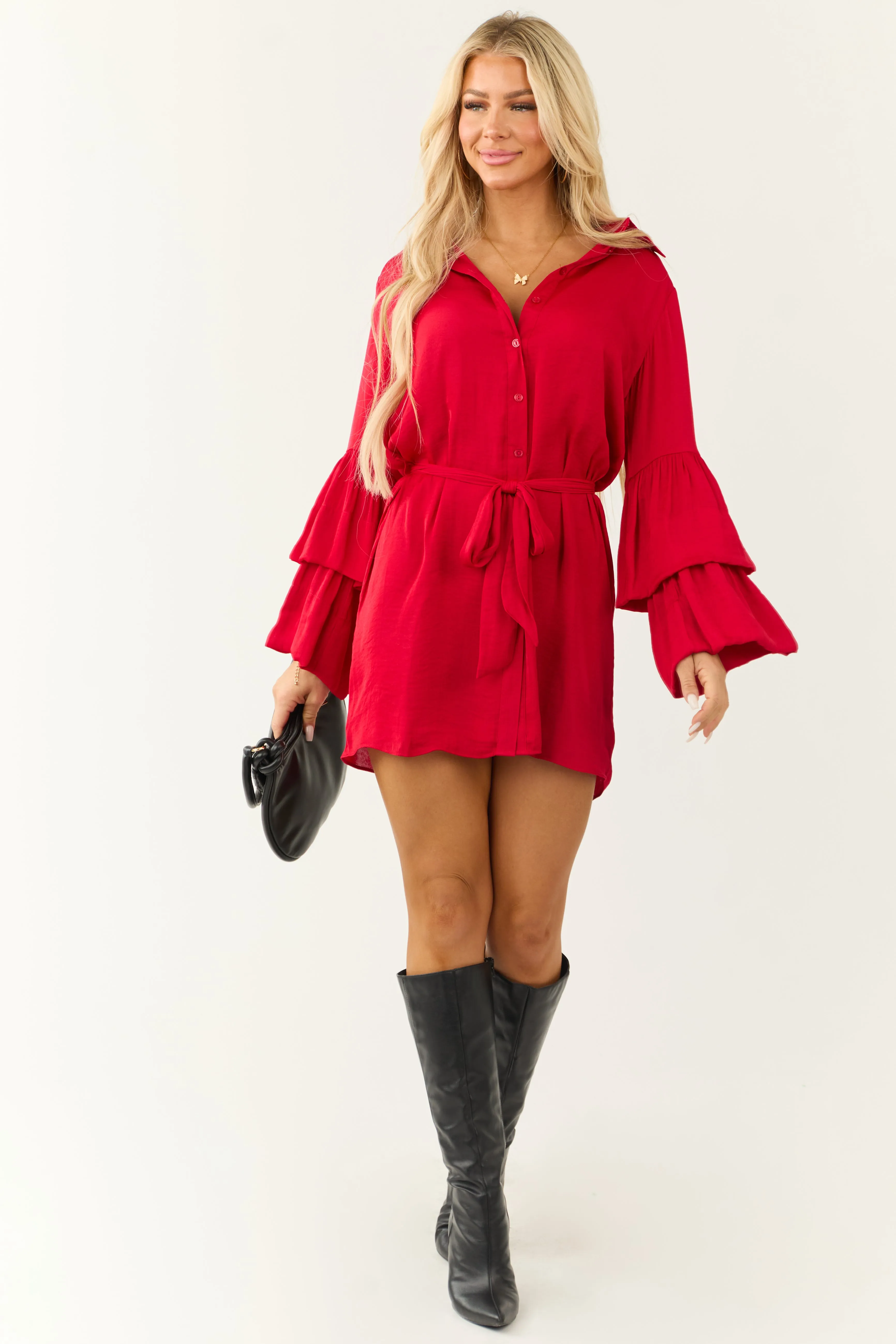 Bright Ruby Tiered Bell Long Sleeve Short Dress sold by Lime Lush product image thumbnail 3