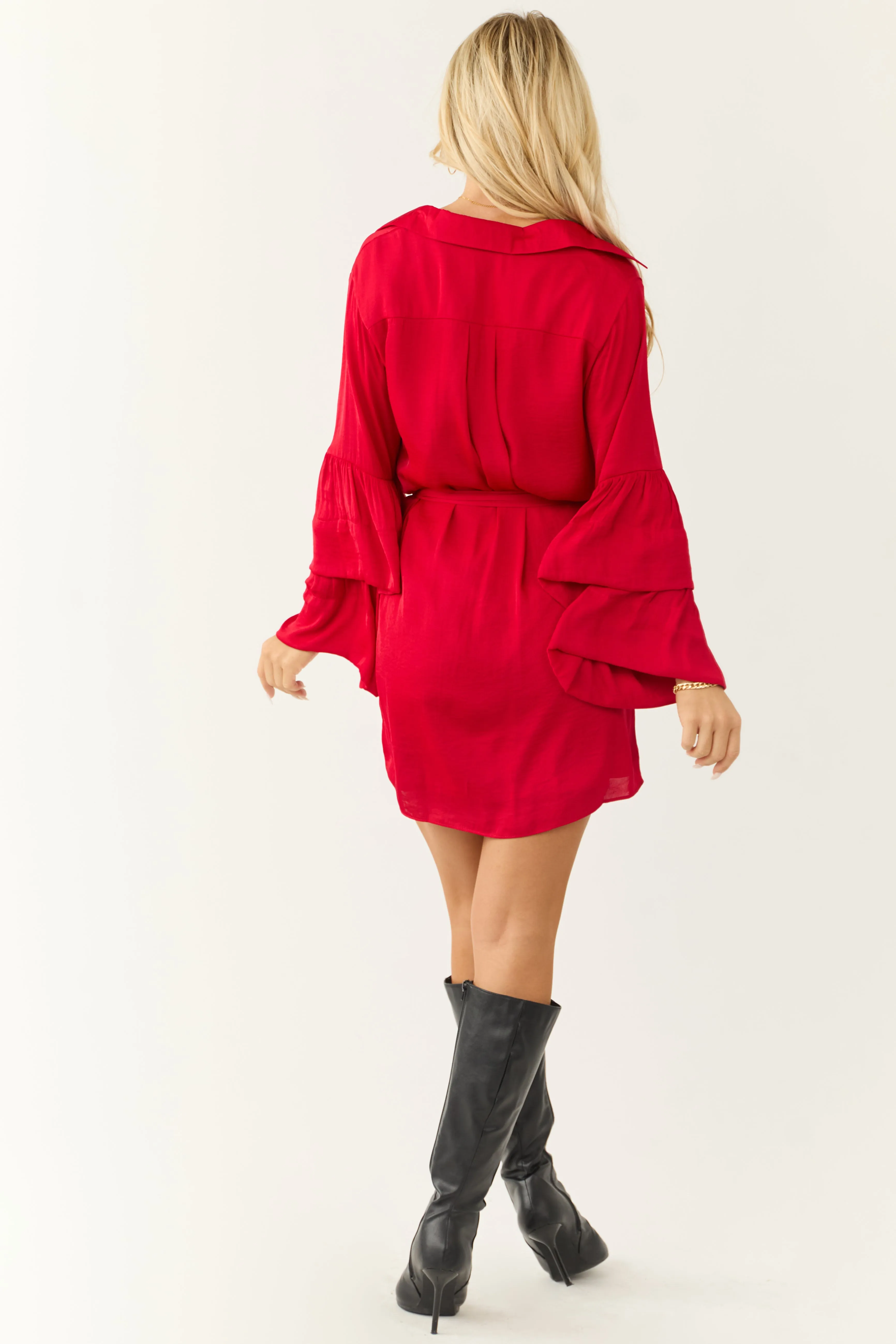 Bright Ruby Tiered Bell Long Sleeve Short Dress sold by Lime Lush product image thumbnail 5