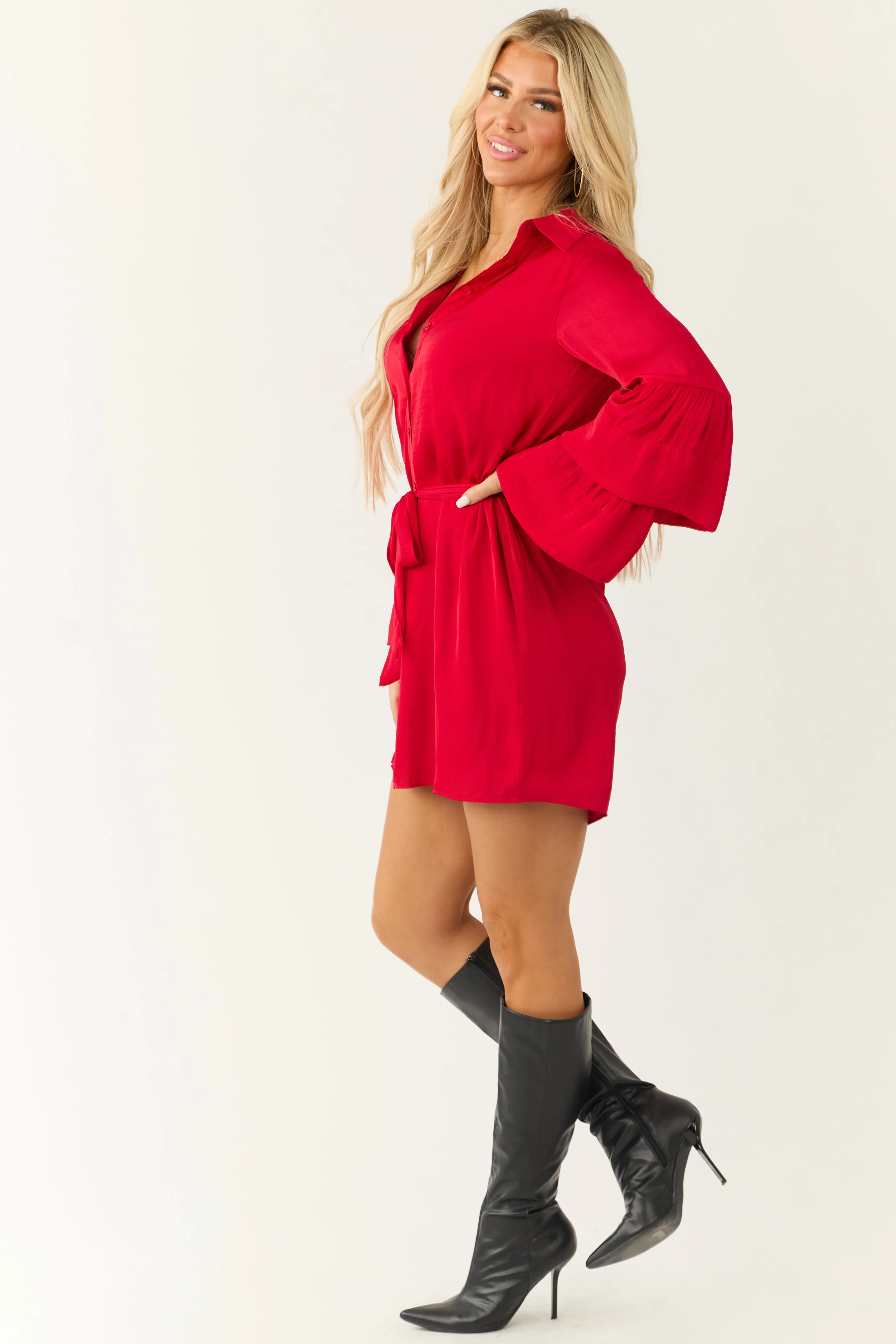 Bright Ruby Tiered Bell Long Sleeve Short Dress sold by Lime Lush product image thumbnail 4