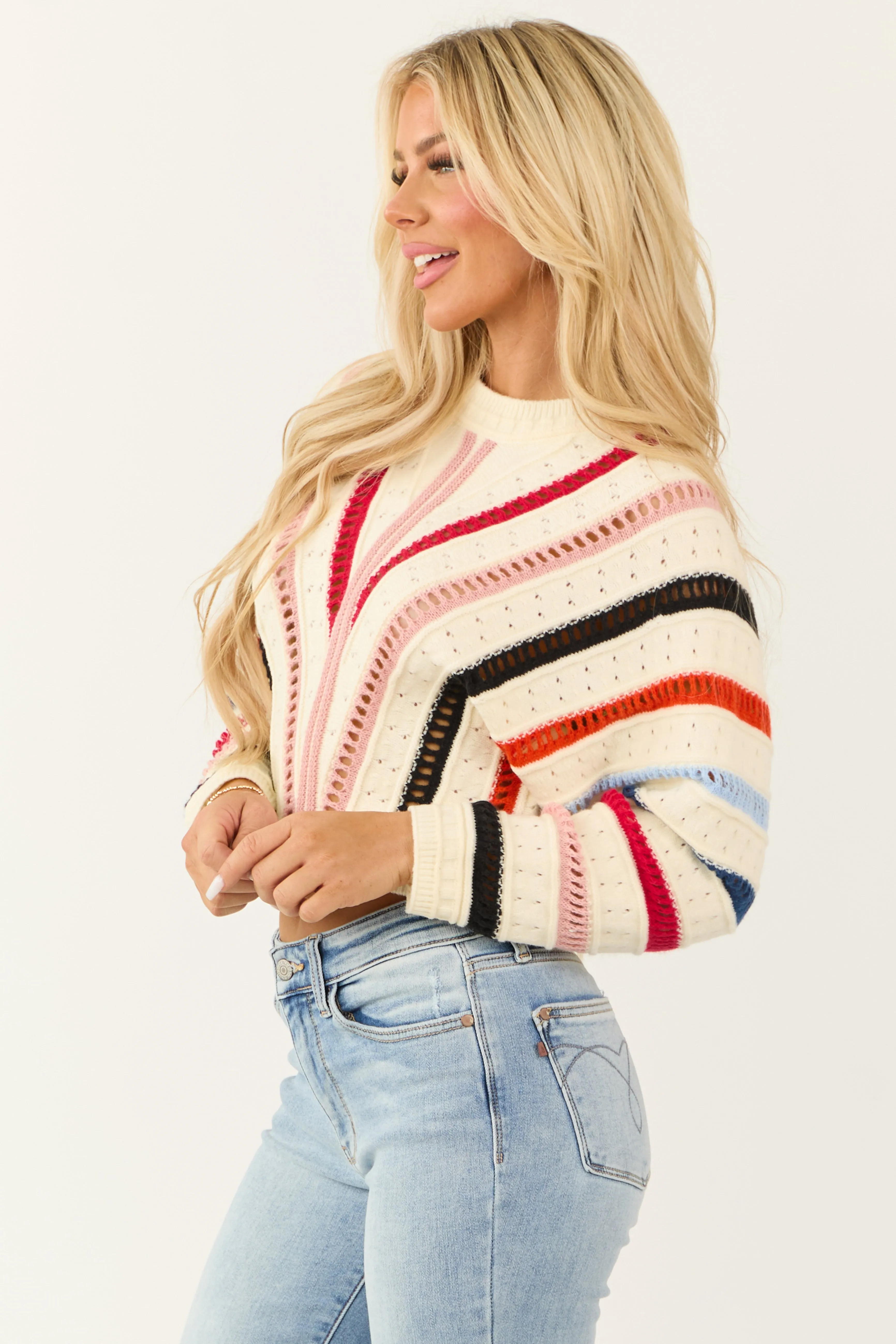 Cream Colorful Stripe Pointelle Knit Sweater sold by Lime Lush product image thumbnail 4