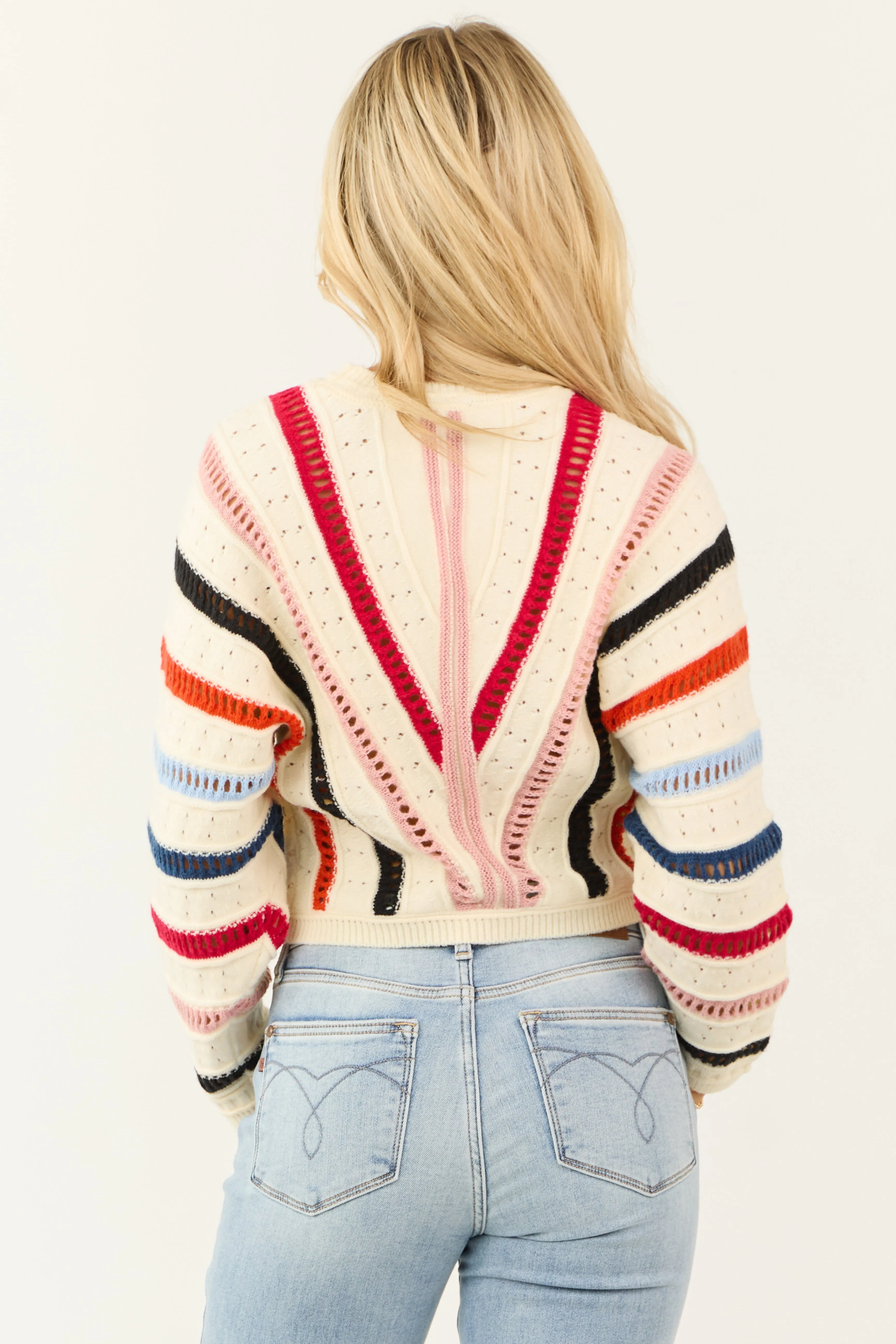 Cream Colorful Stripe Pointelle Knit Sweater sold by Lime Lush product image thumbnail 5