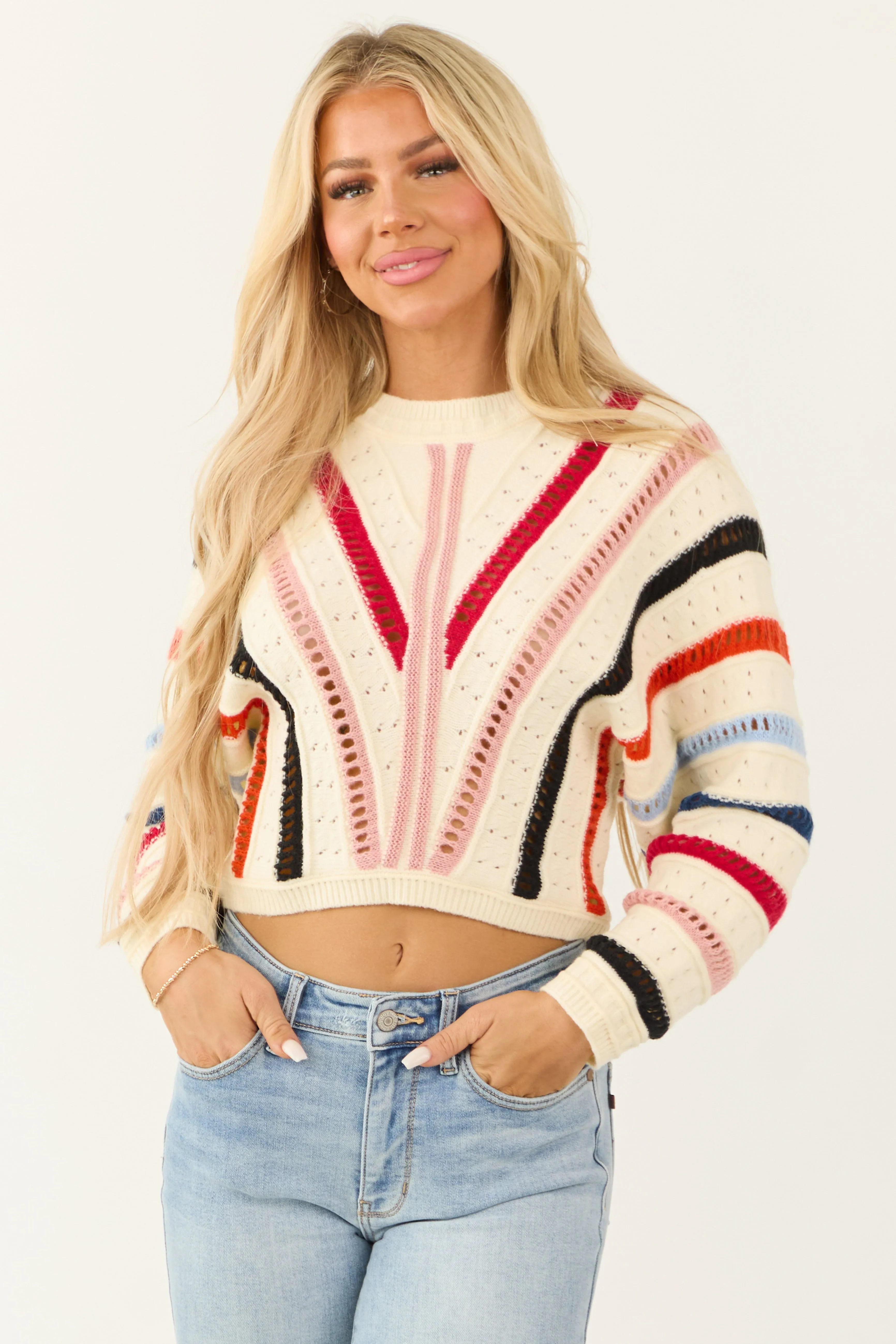 Cream Colorful Stripe Pointelle Knit Sweater sold by Lime Lush