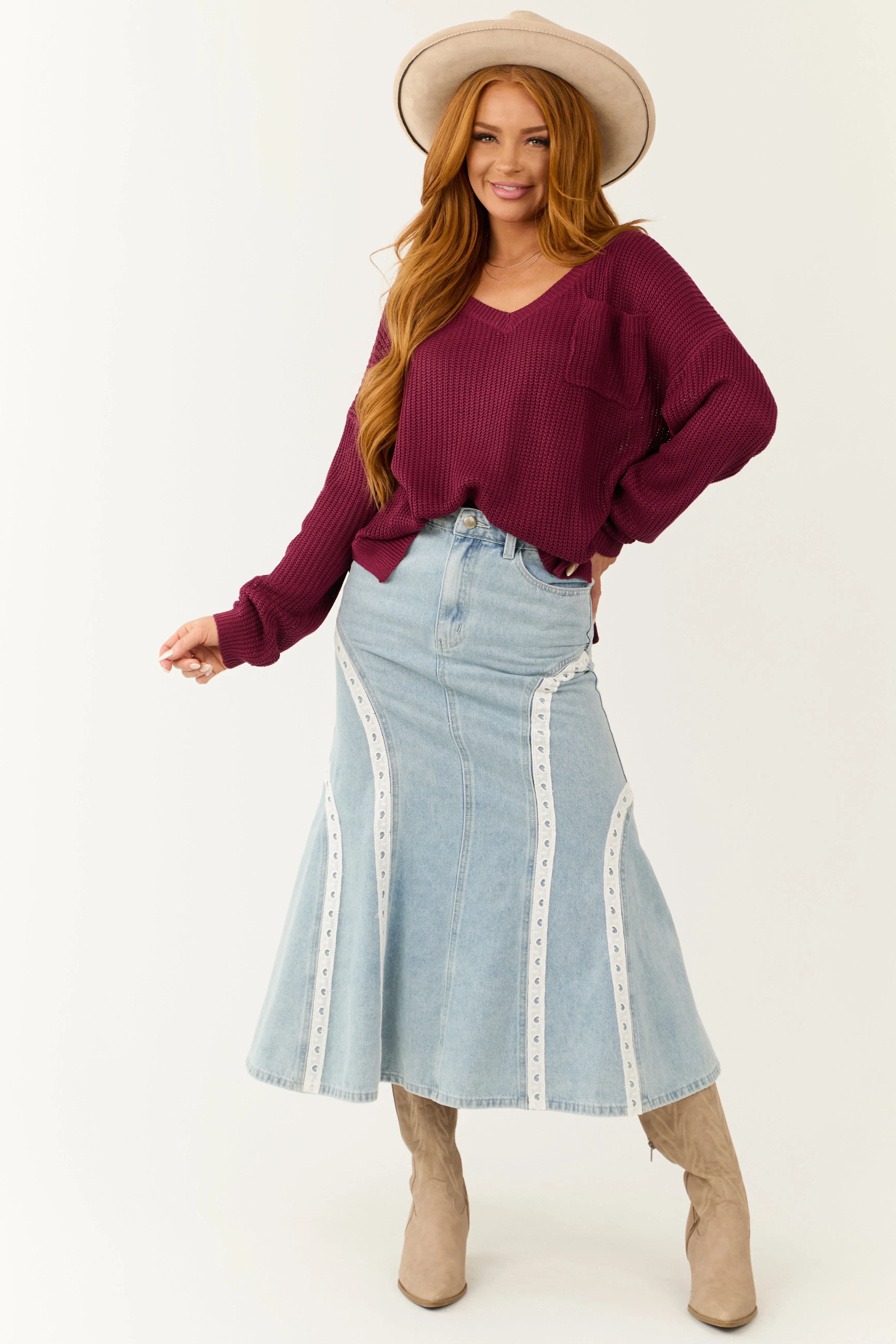 Light Wash Lace Trim Mermaid Flare Midi Skirt sold by Lime Lush product image thumbnail 5