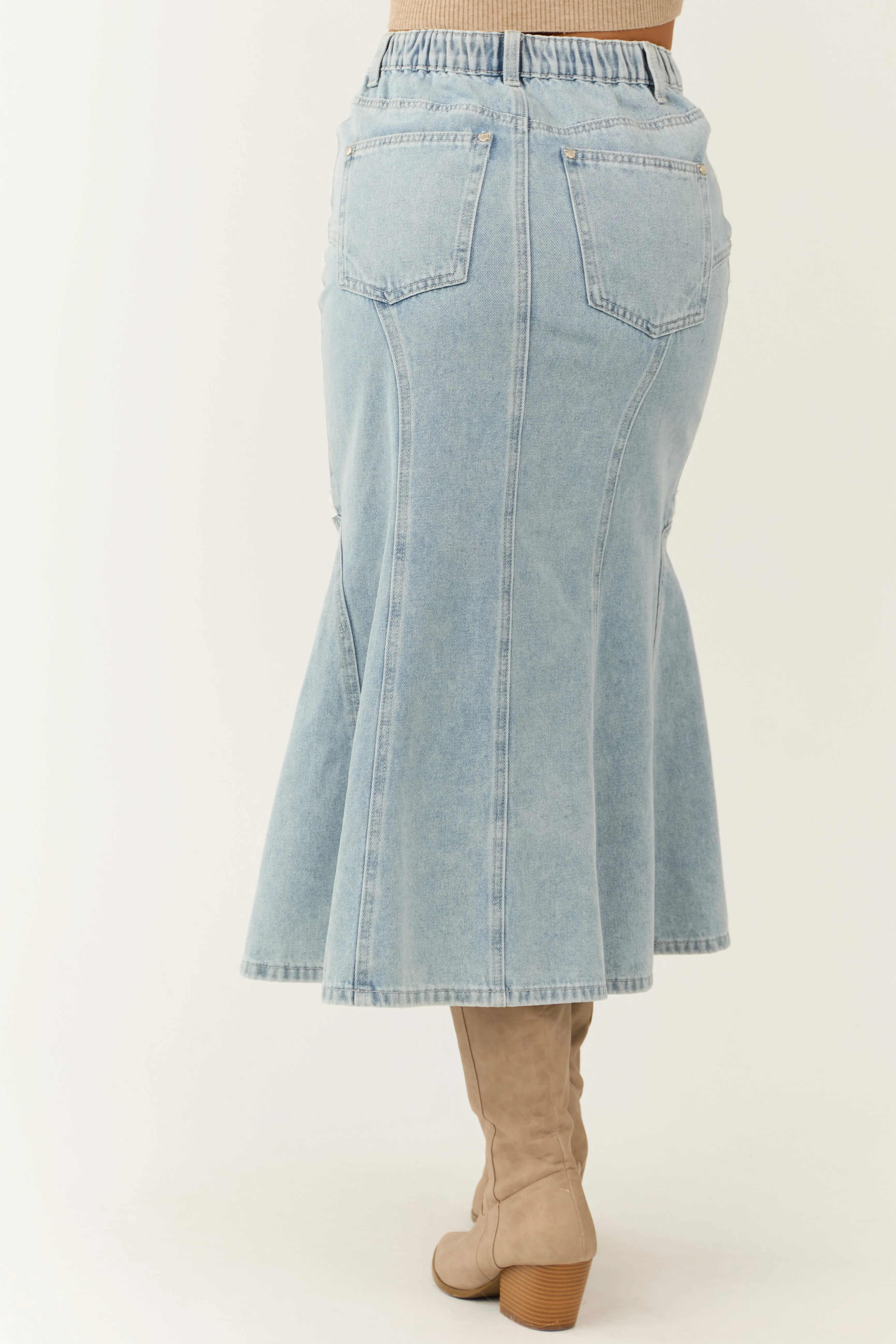 Light Wash Lace Trim Mermaid Flare Midi Skirt sold by Lime Lush product image thumbnail 4