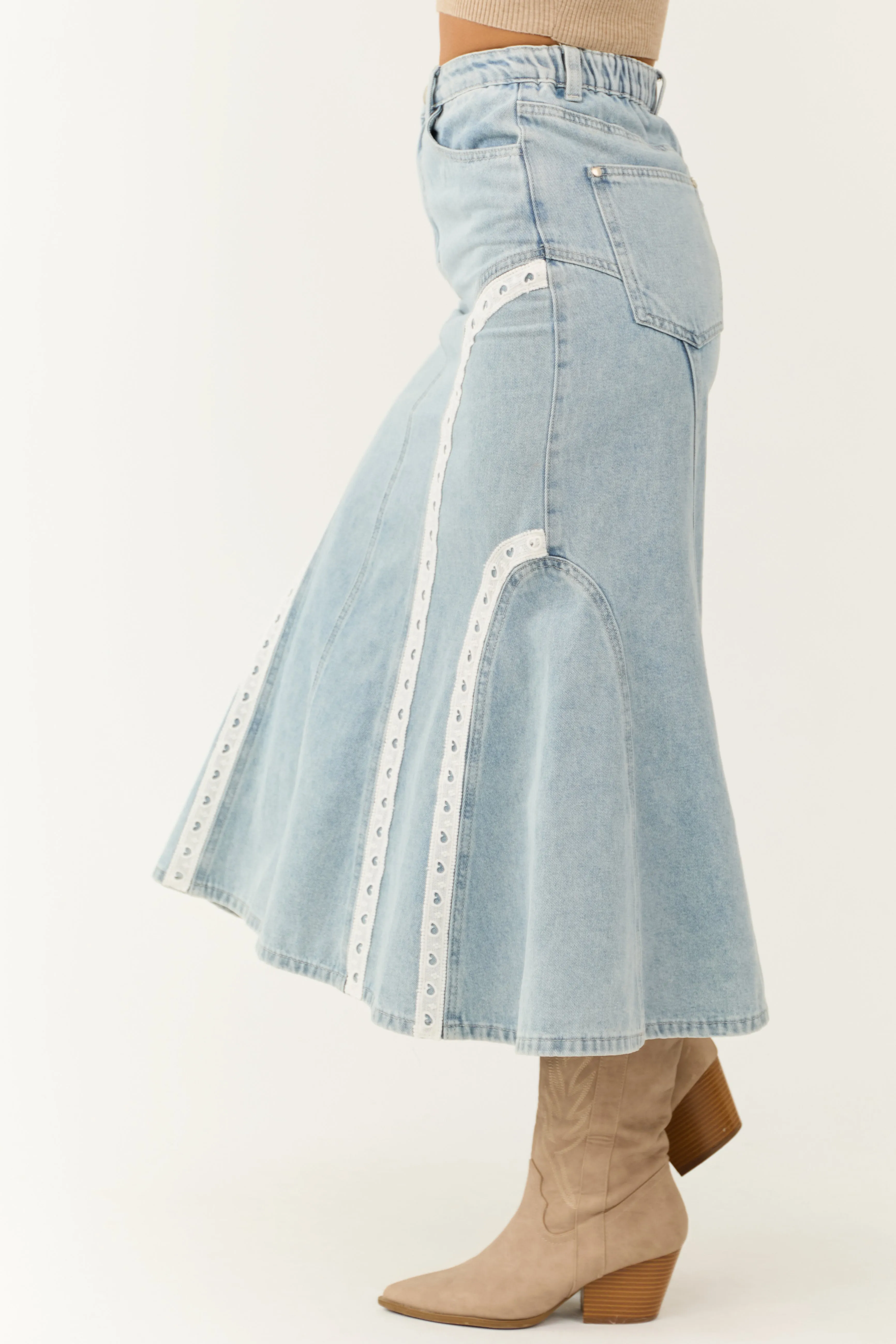 Light Wash Lace Trim Mermaid Flare Midi Skirt sold by Lime Lush product image thumbnail 3