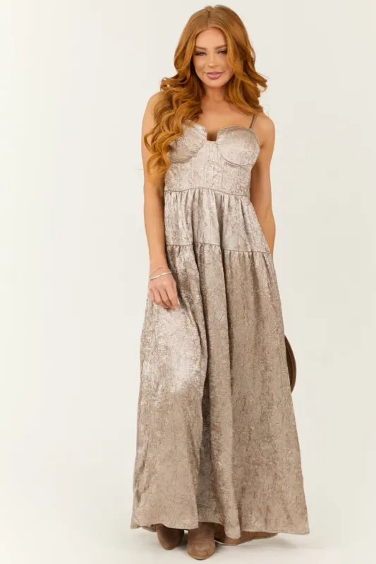 Champagne Textured Metallic Corset Sleeveless Maxi Dress made by Promesa