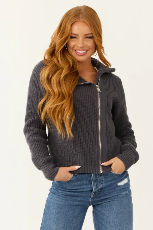 Charcoal Asymmetrical Collar Zip Up Jacket sold by Lime Lush