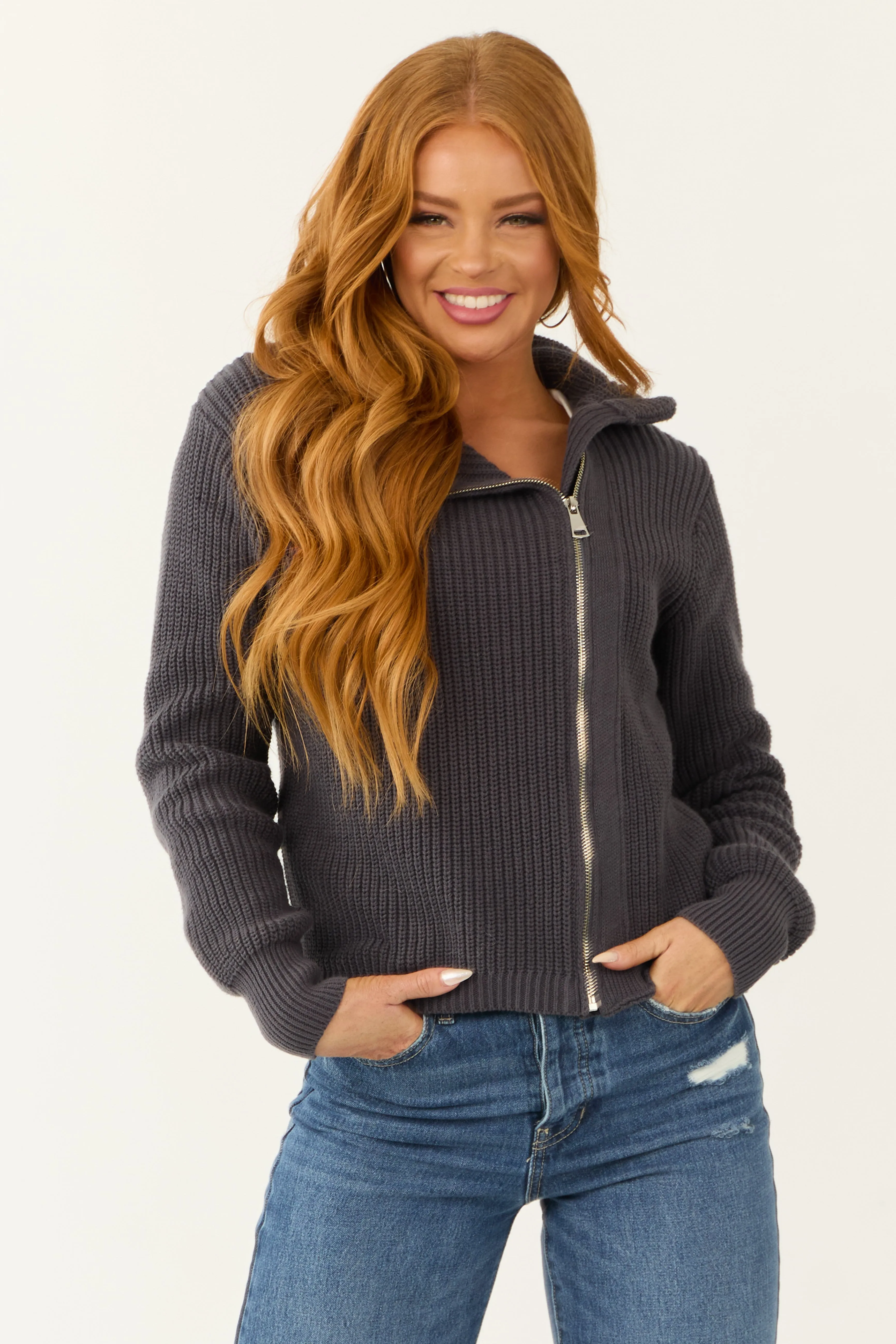 Charcoal Asymmetrical Collar Zip Up Jacket sold by Lime Lush