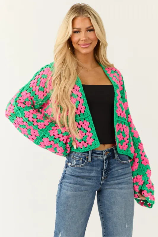 Jade Granny Square Crochet Open Cardigan sold by Lime Lush