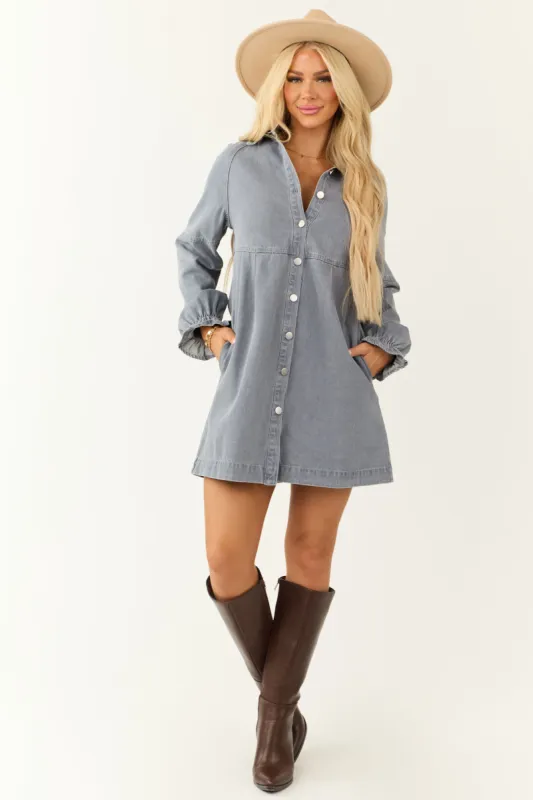 Medium Wash Denim Button Down Shirt Short Dress sold by Lime Lush