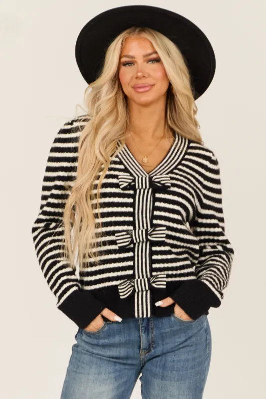 Black and Ivory Striped Bow Detail Cardigan sold by Lime Lush
