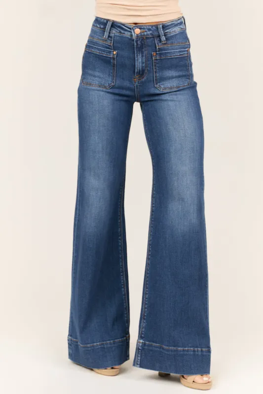 Risen Dark Wash High Rise Patch Pocket Wide Leg Jeans sold by Lime Lush