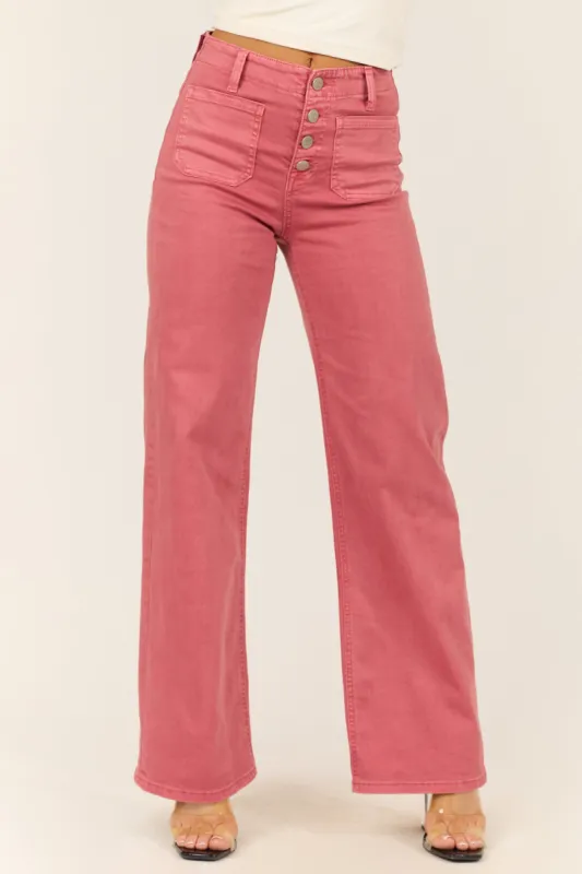Risen Dark Coral Patch Pocket Wide Leg Jeans sold by Lime Lush
