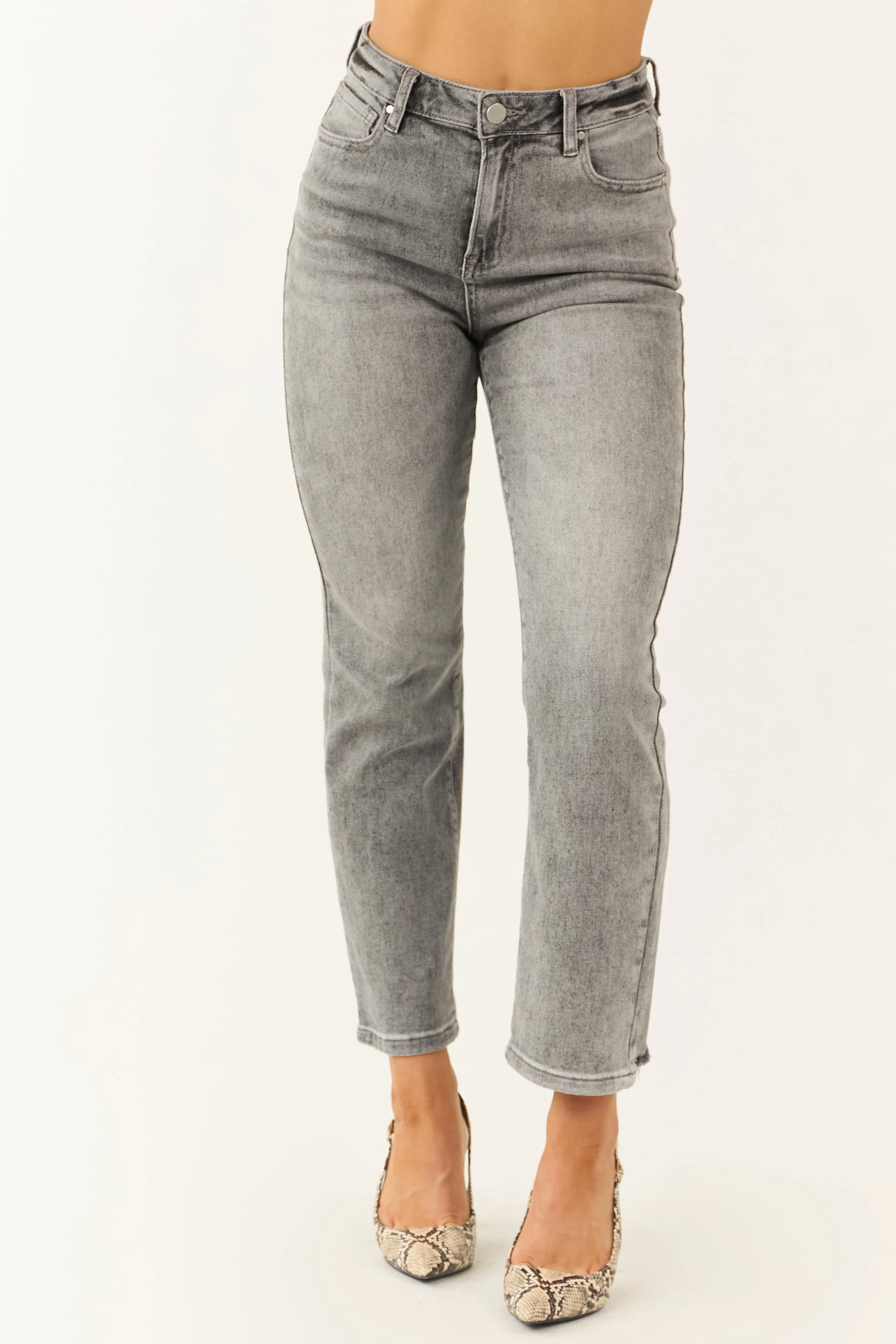 Risen Stone Washed Straight Leg Distressed Hem Jeans sold by Lime Lush