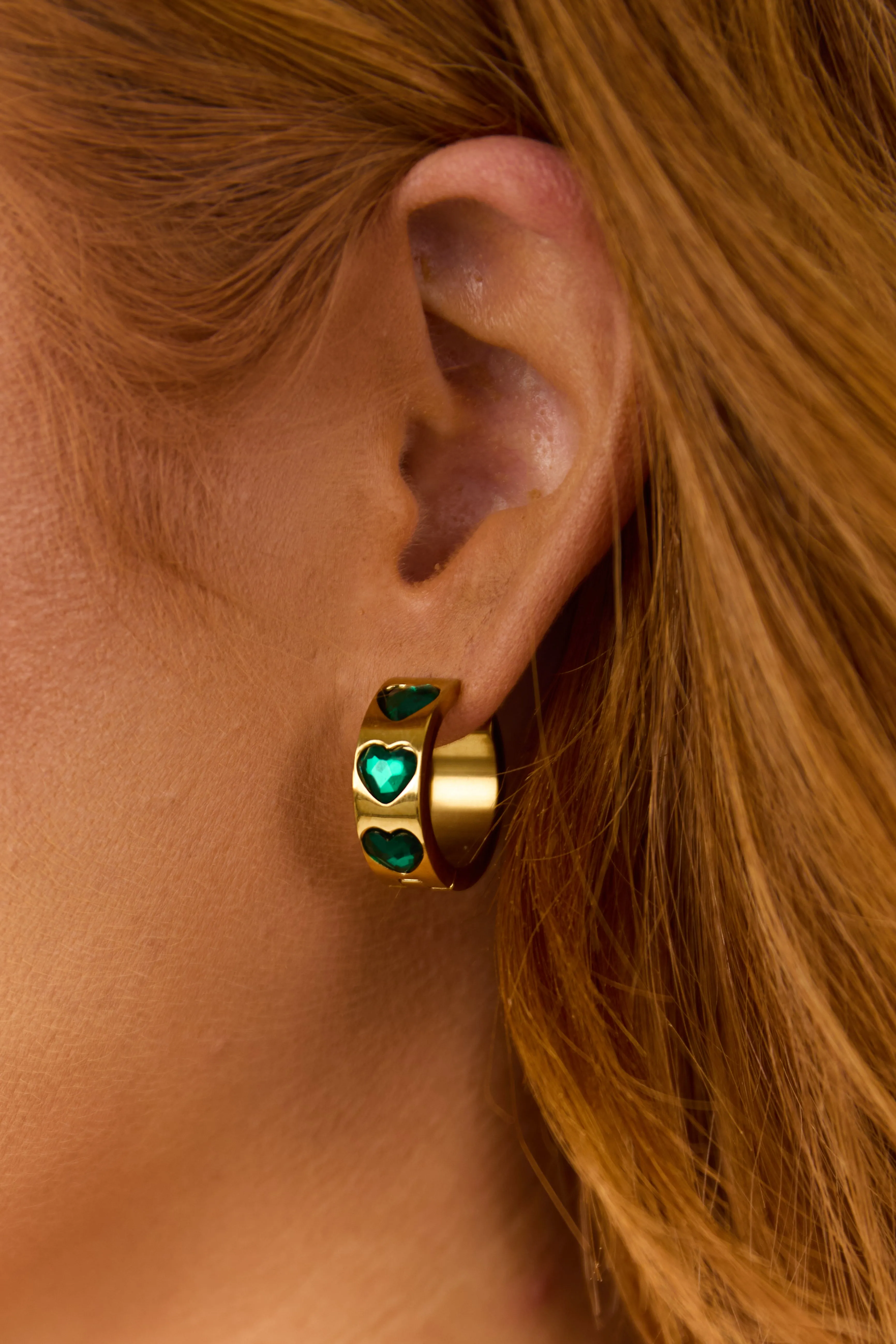 Gold Heart Gemstone Thick Huggie Hoop Earrings sold by Lime Lush