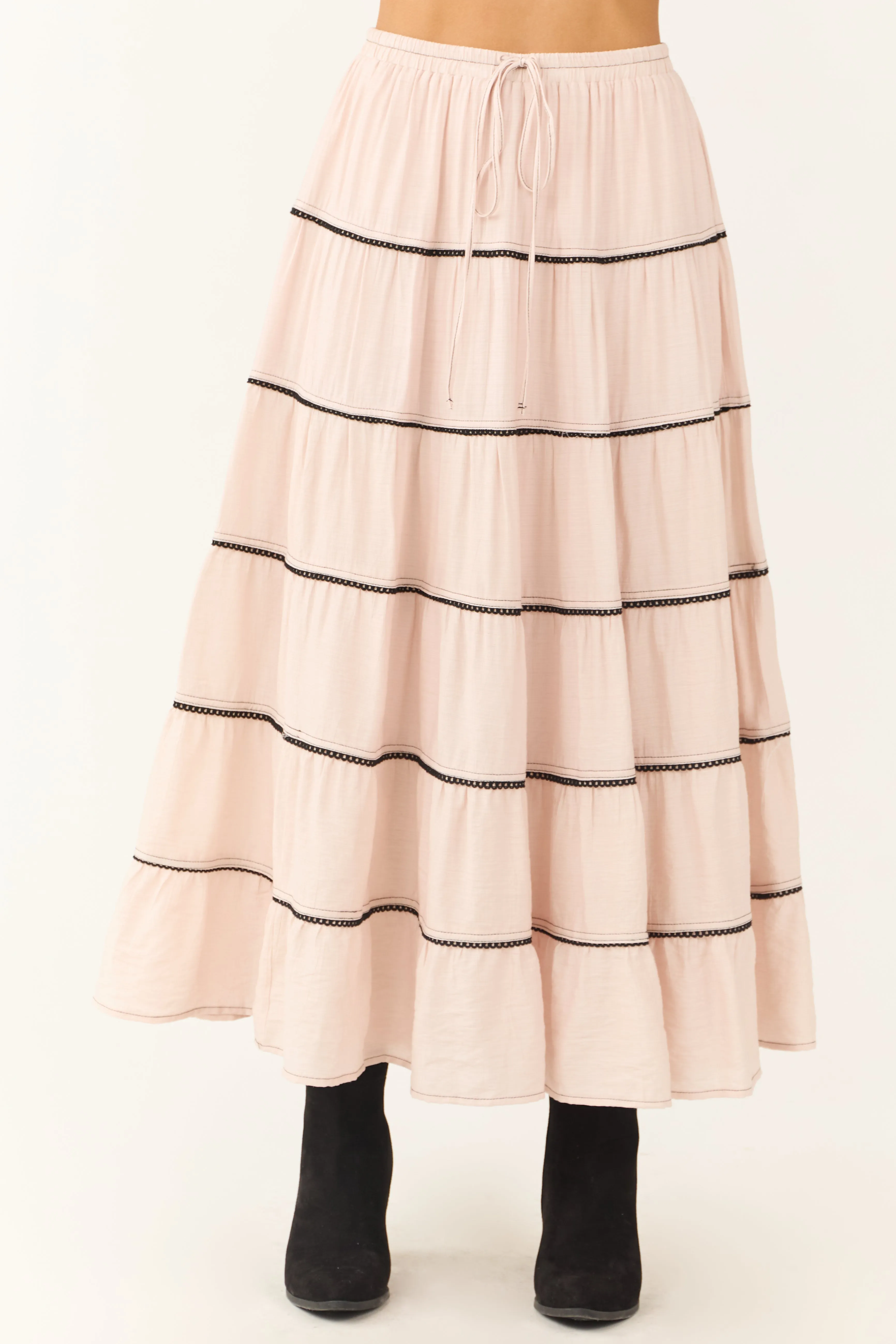 Tea Rose Contrast Tie Waist Tiered Maxi Skirt sold by Lime Lush product image thumbnail 2