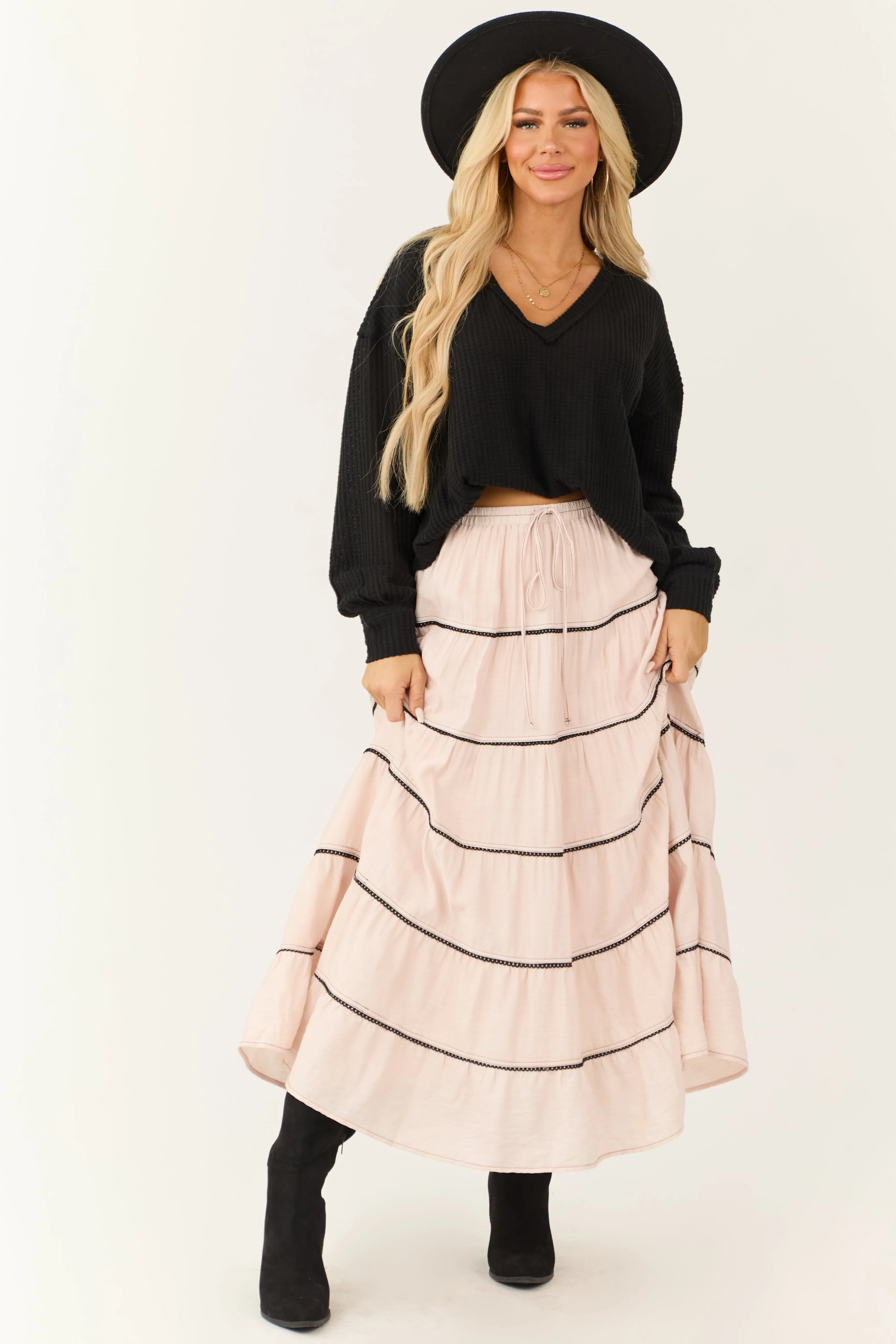 Tea Rose Contrast Tie Waist Tiered Maxi Skirt sold by Lime Lush