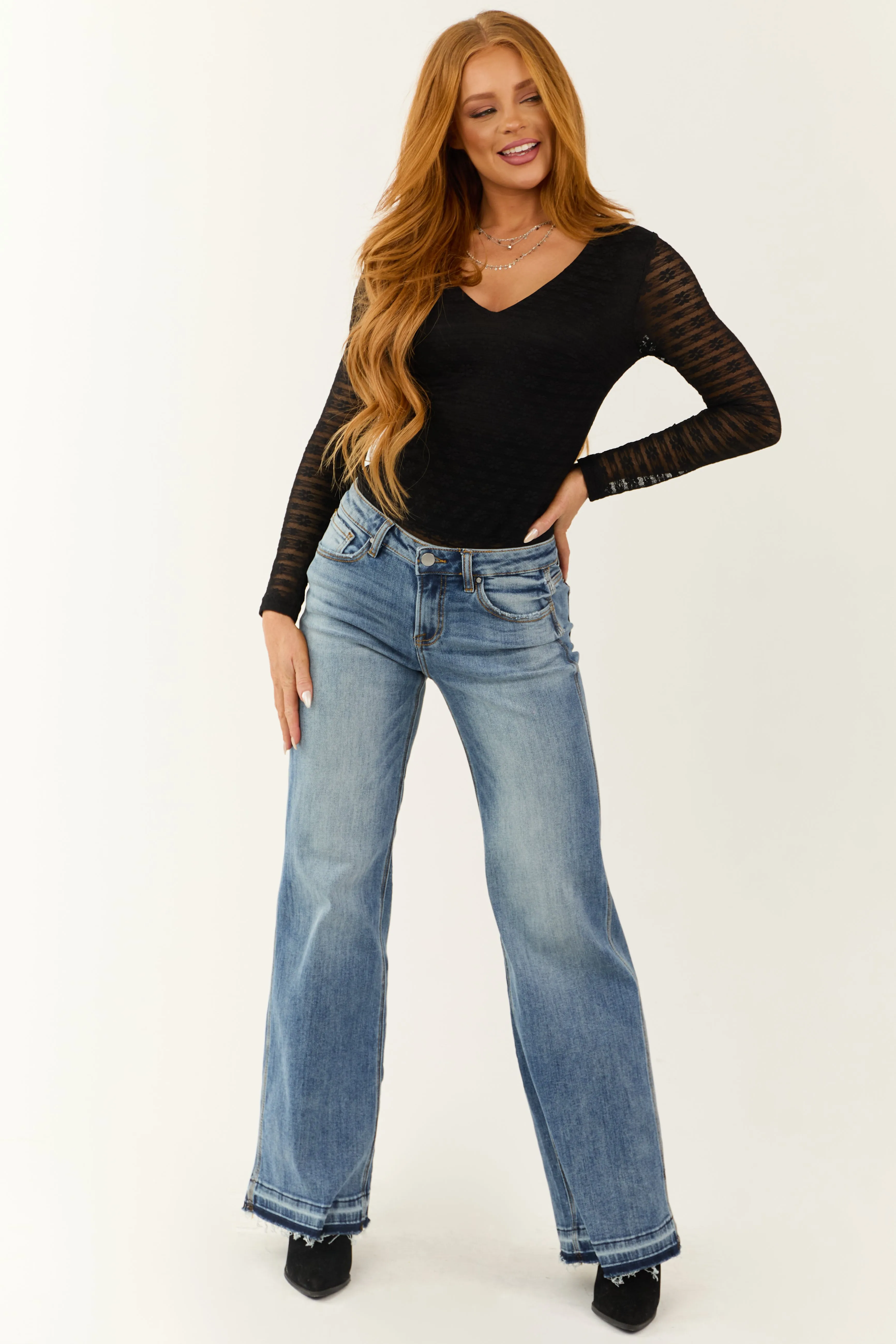 Black Floral Deep V Neck Lace Long Sleeve Bodysuit sold by Lime Lush product image thumbnail 3