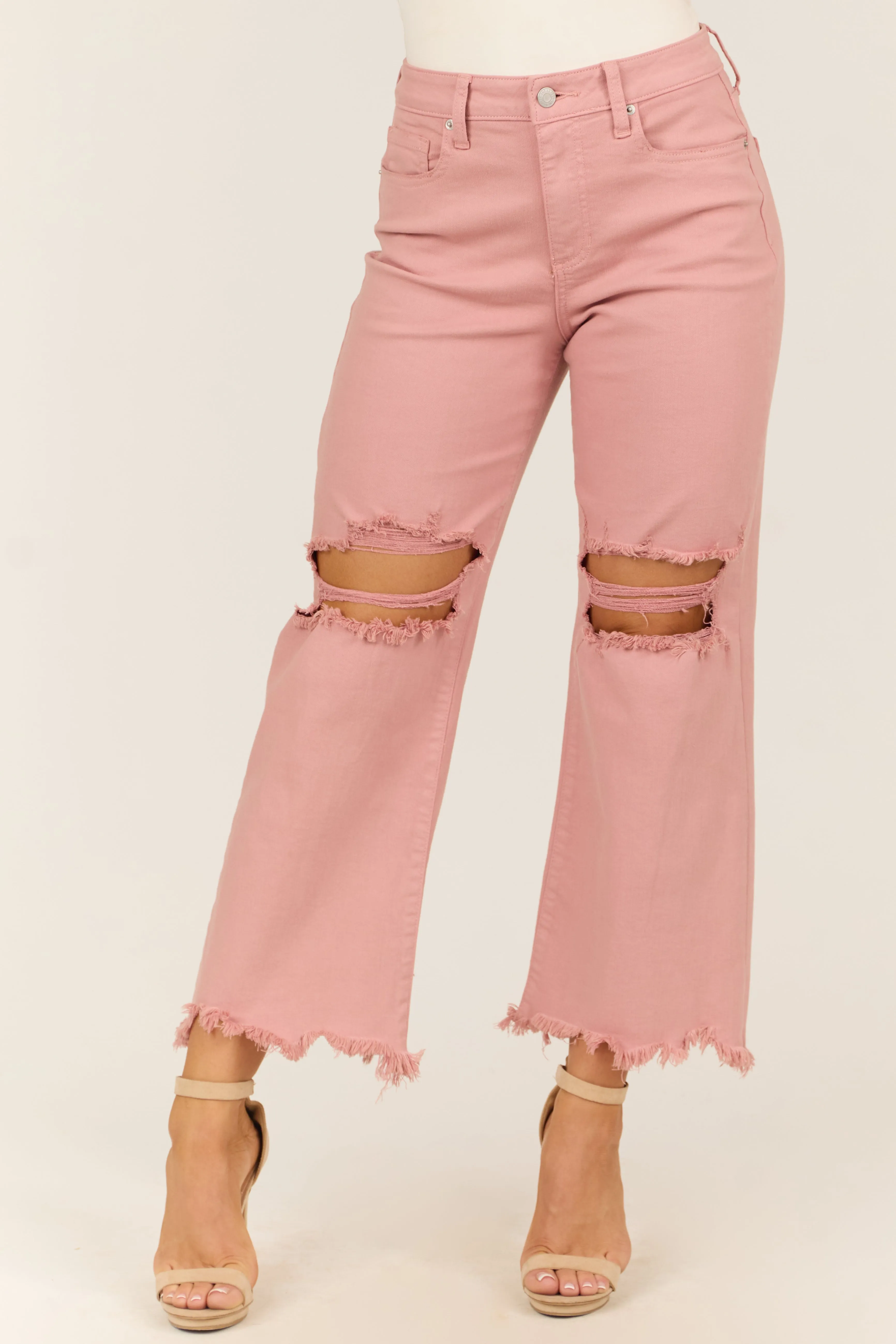 Sneak Peek Pale Coral Cropped Wide Leg Jeans sold by Lime Lush