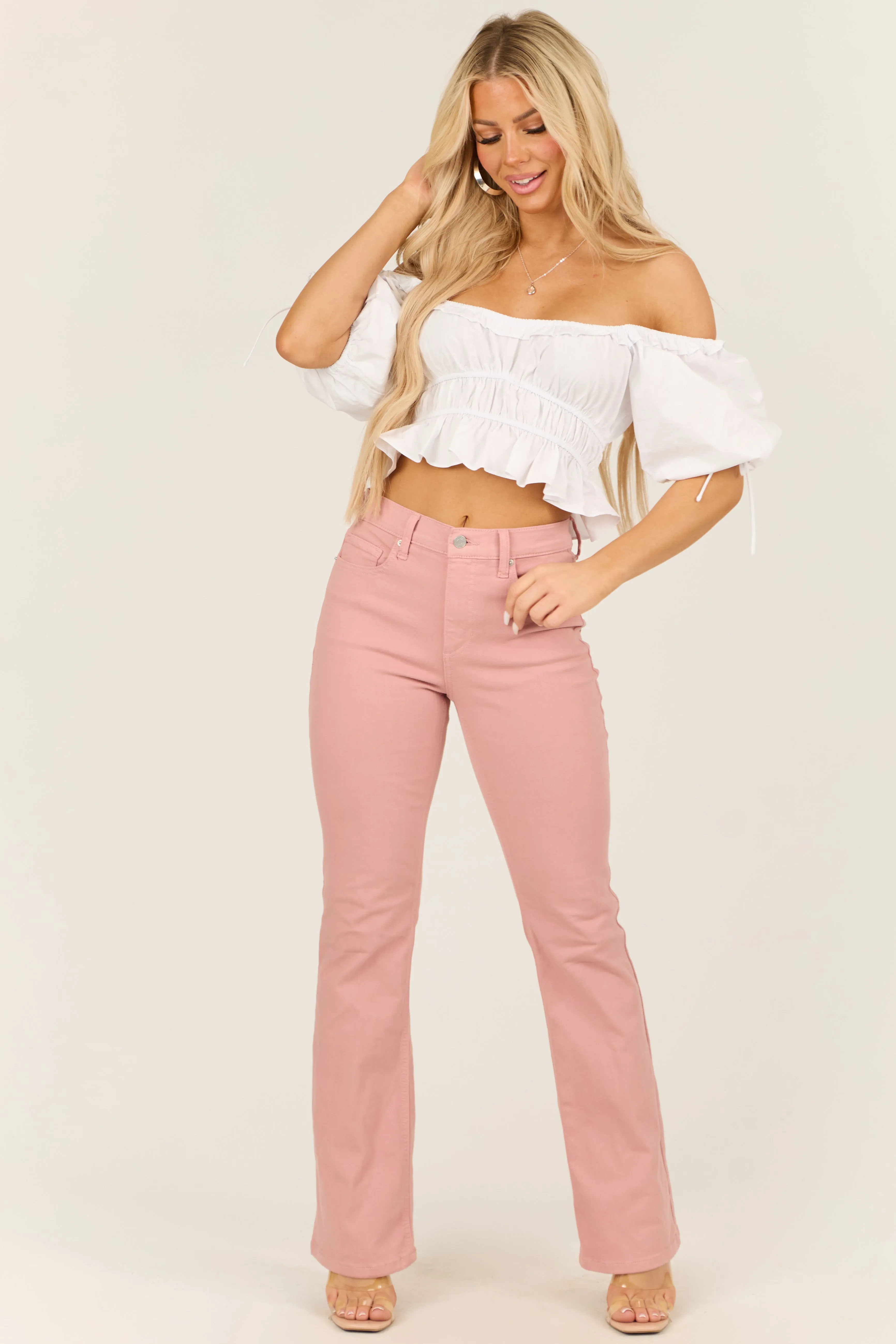 Sneak Peek Pale Coral High Rise Bootcut Jeans sold by Lime Lush product image thumbnail 2