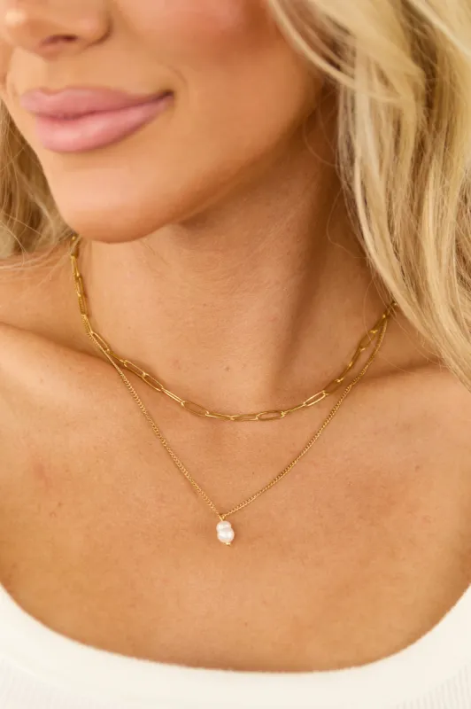 Gold Layered Paperclip Chain Pearl Pendant Necklace sold by Lime Lush