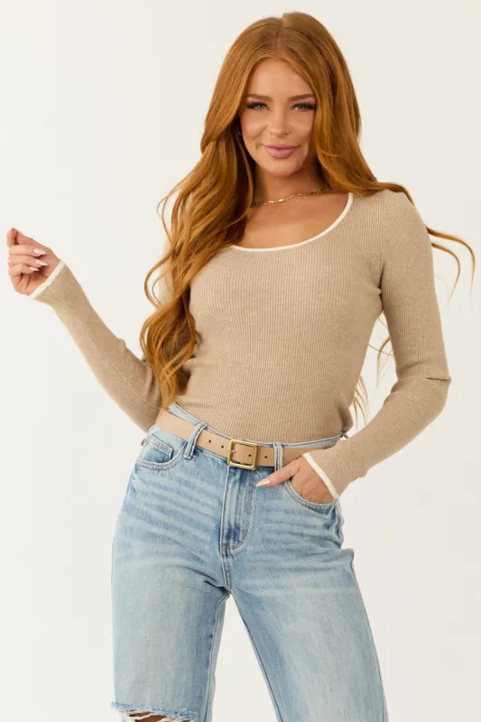 Latte Contrast Trim Scoop Neck Long Sleeve Top sold by Lime Lush