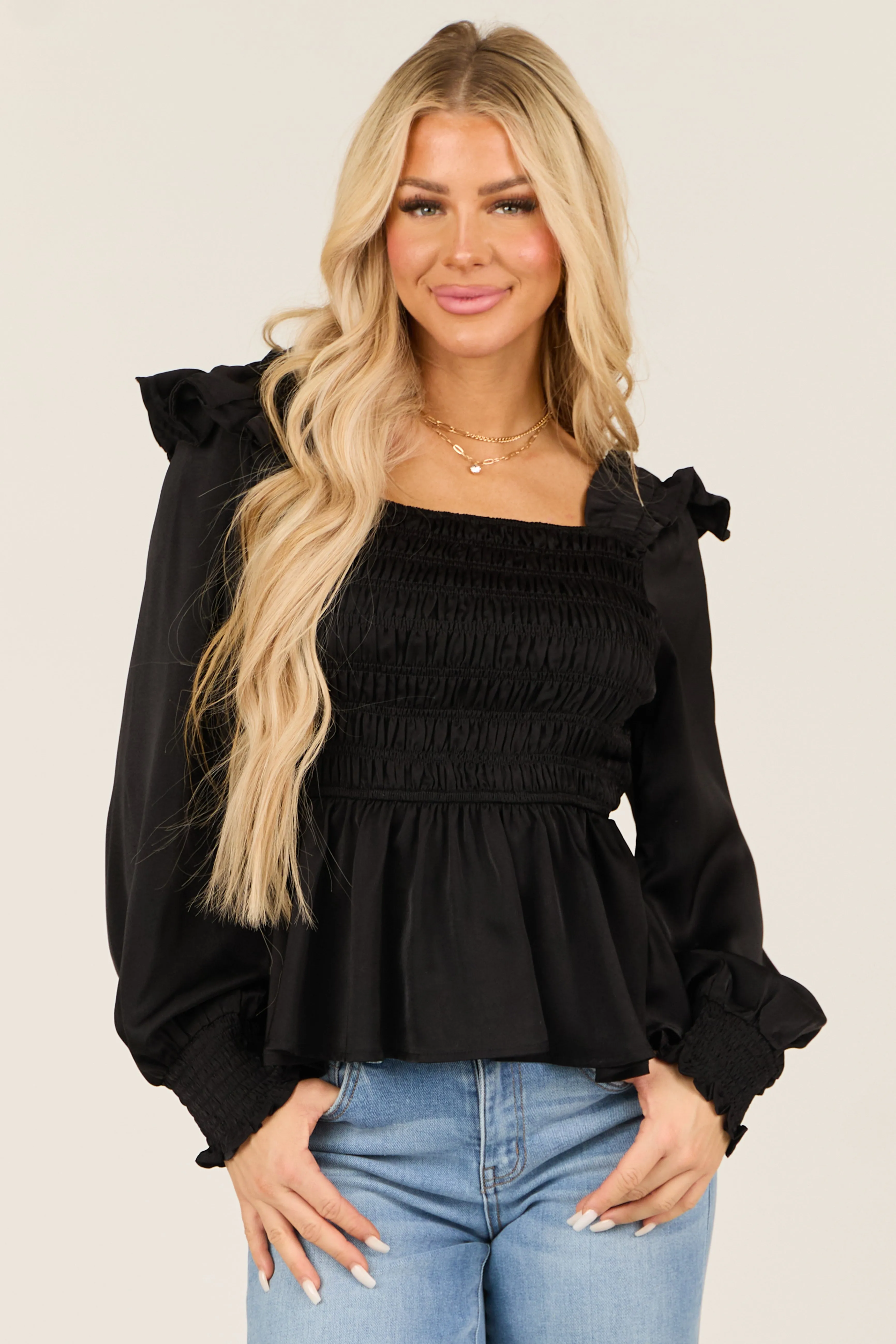 Black Satin Smocked Ruffle Peplum Square Neck Blouse sold by Lime Lush product image thumbnail 2