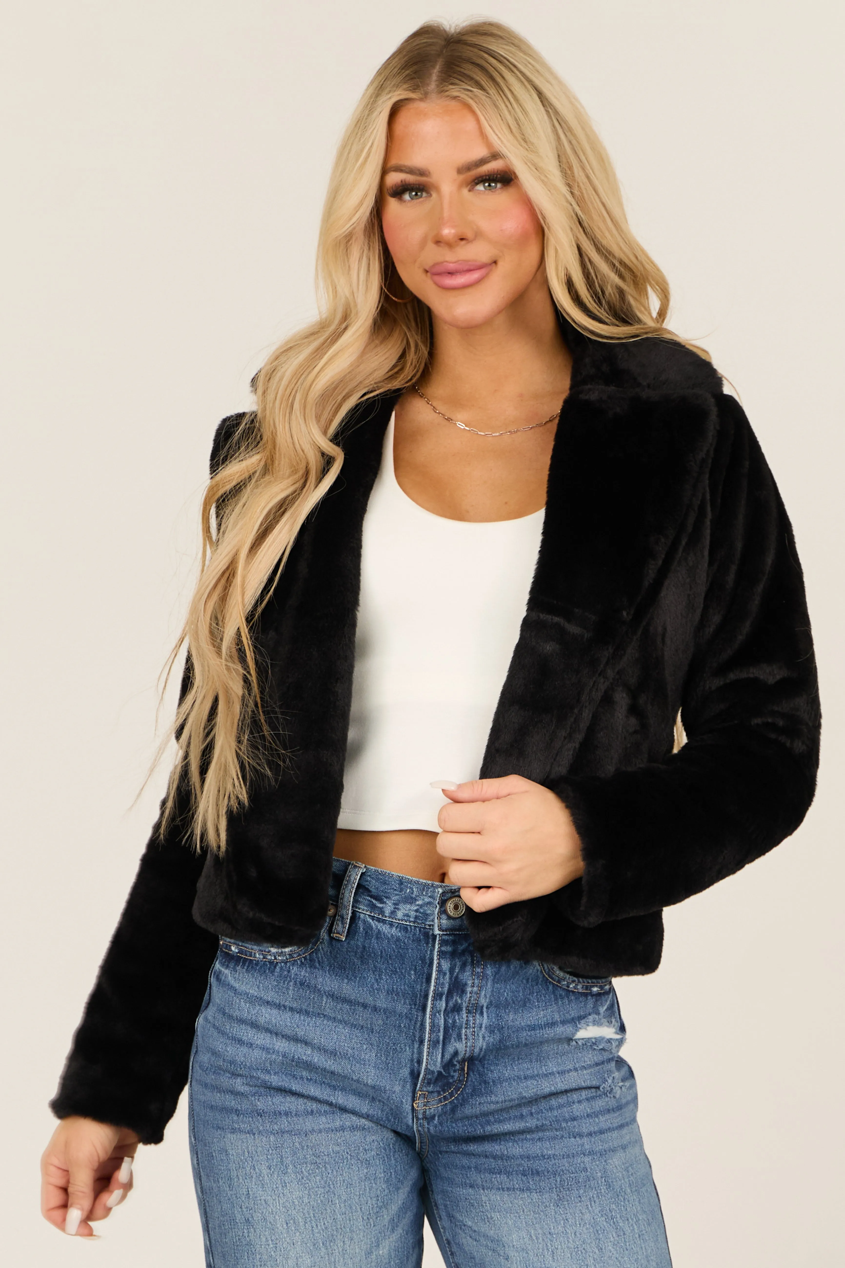 Black Faux Fur Lapel Collar Open Front Jacket sold by Lime Lush product image thumbnail 2