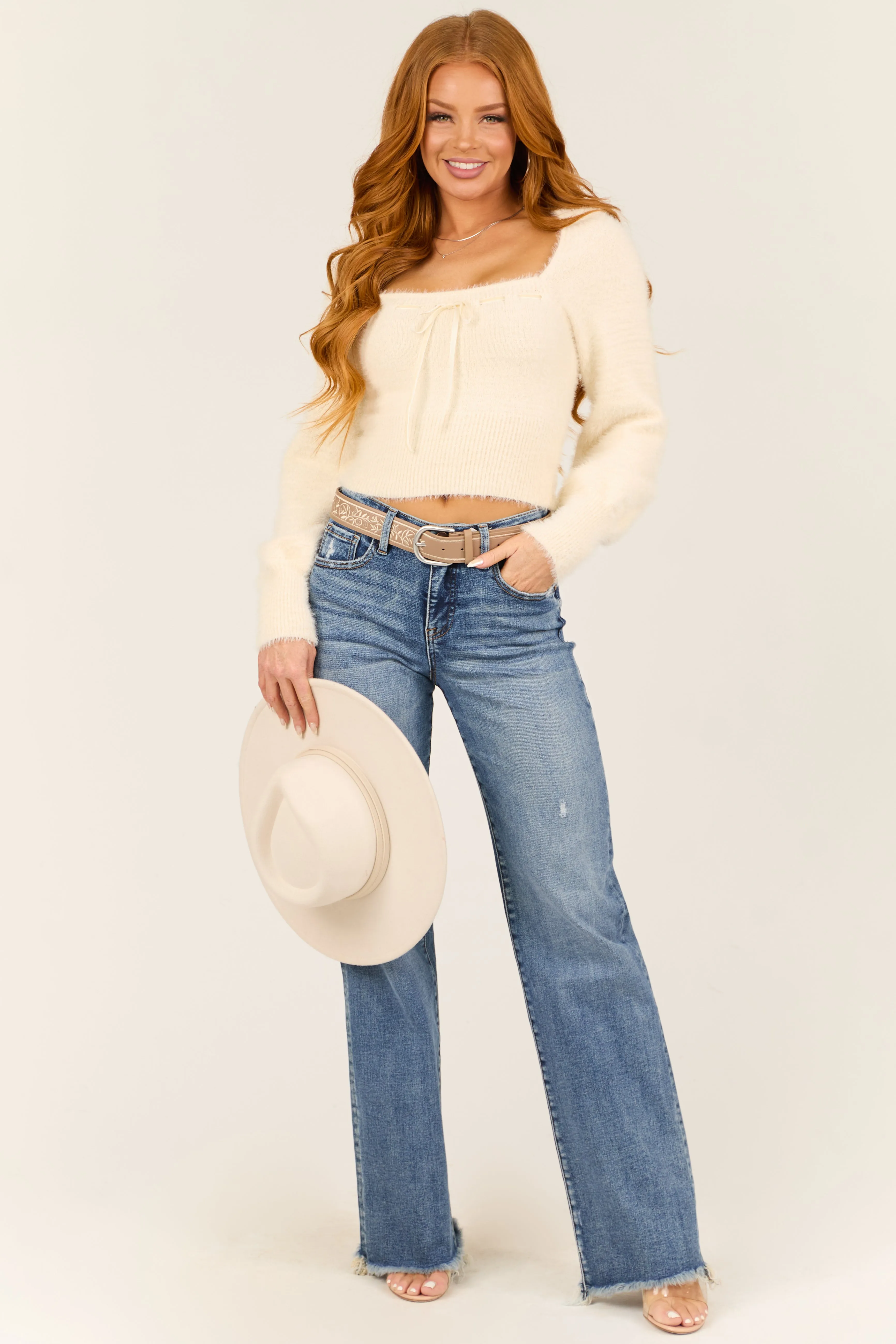 Ivory Square Neck Fuzzy Long Sleeve Sweater sold by Lime Lush product image thumbnail 3