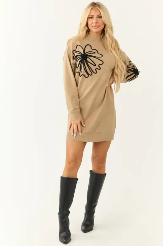 Camel Flower Embroidered Sweater Mini Dress sold by Lime Lush