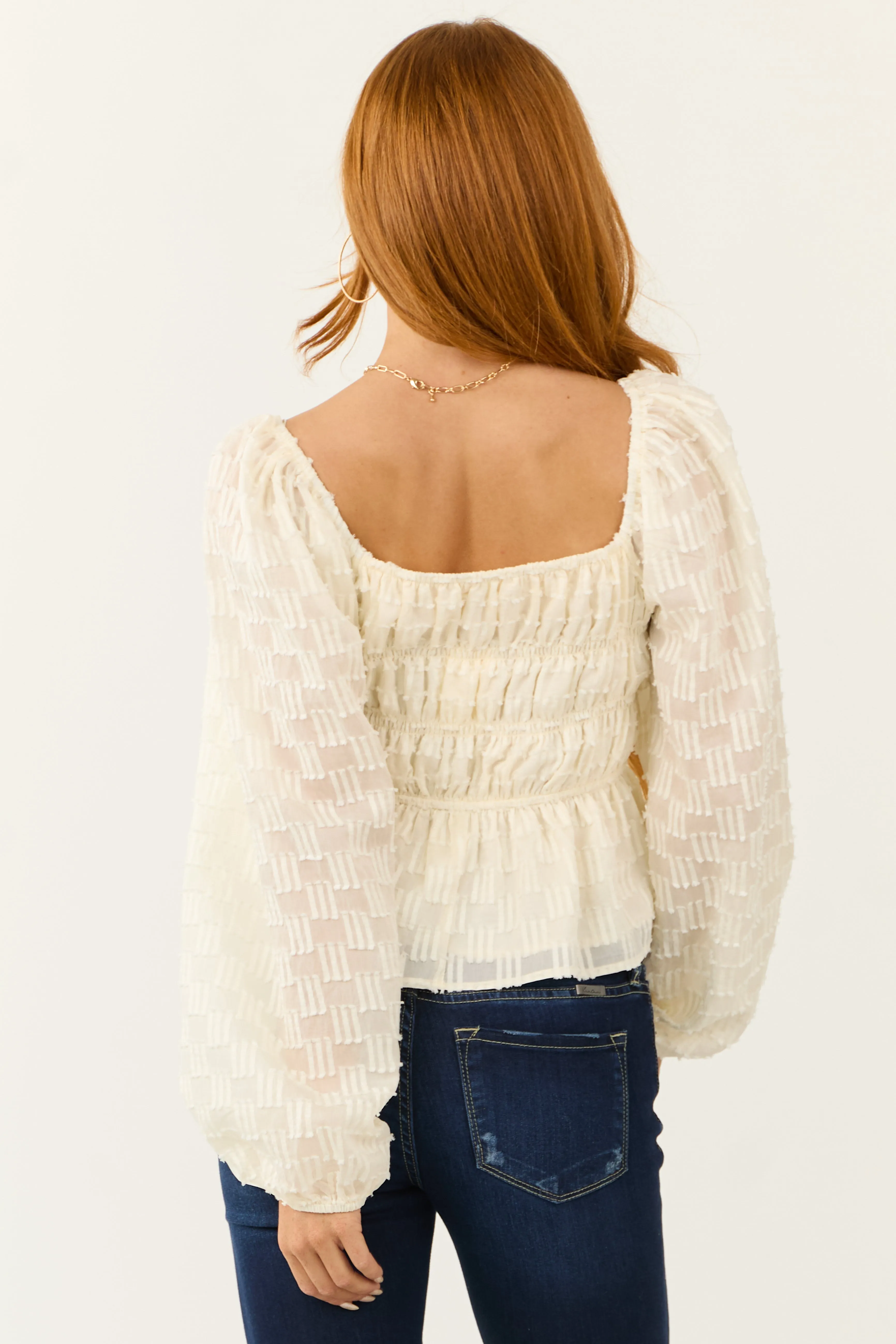 Cream Long Bubble Sleeve Elastic Peplum Blouse sold by Lime Lush product image thumbnail 5