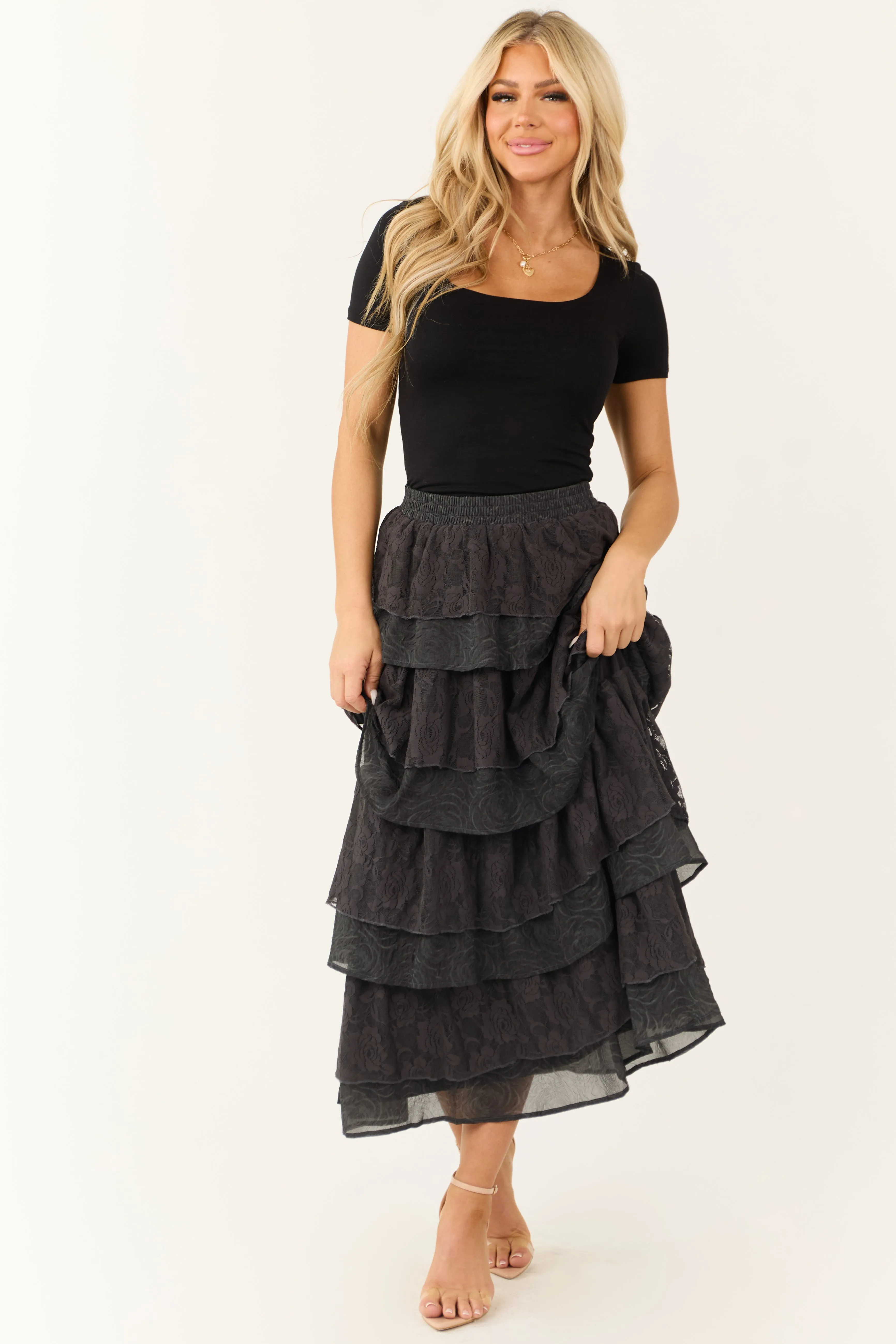 Charcoal Lace Ruffle Tiered Maxi Skirt sold by Lime Lush