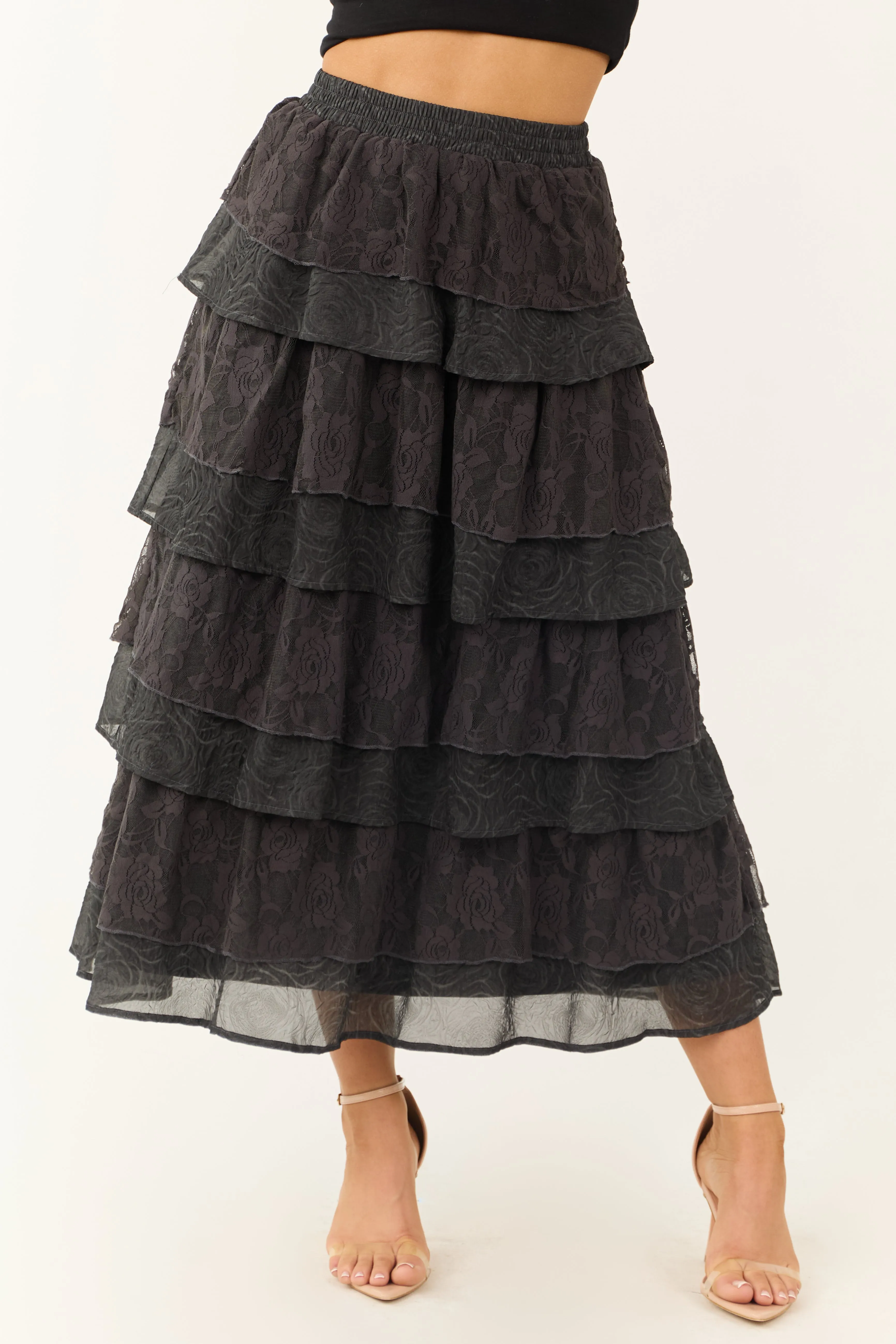 Charcoal Lace Ruffle Tiered Maxi Skirt sold by Lime Lush product image thumbnail 2