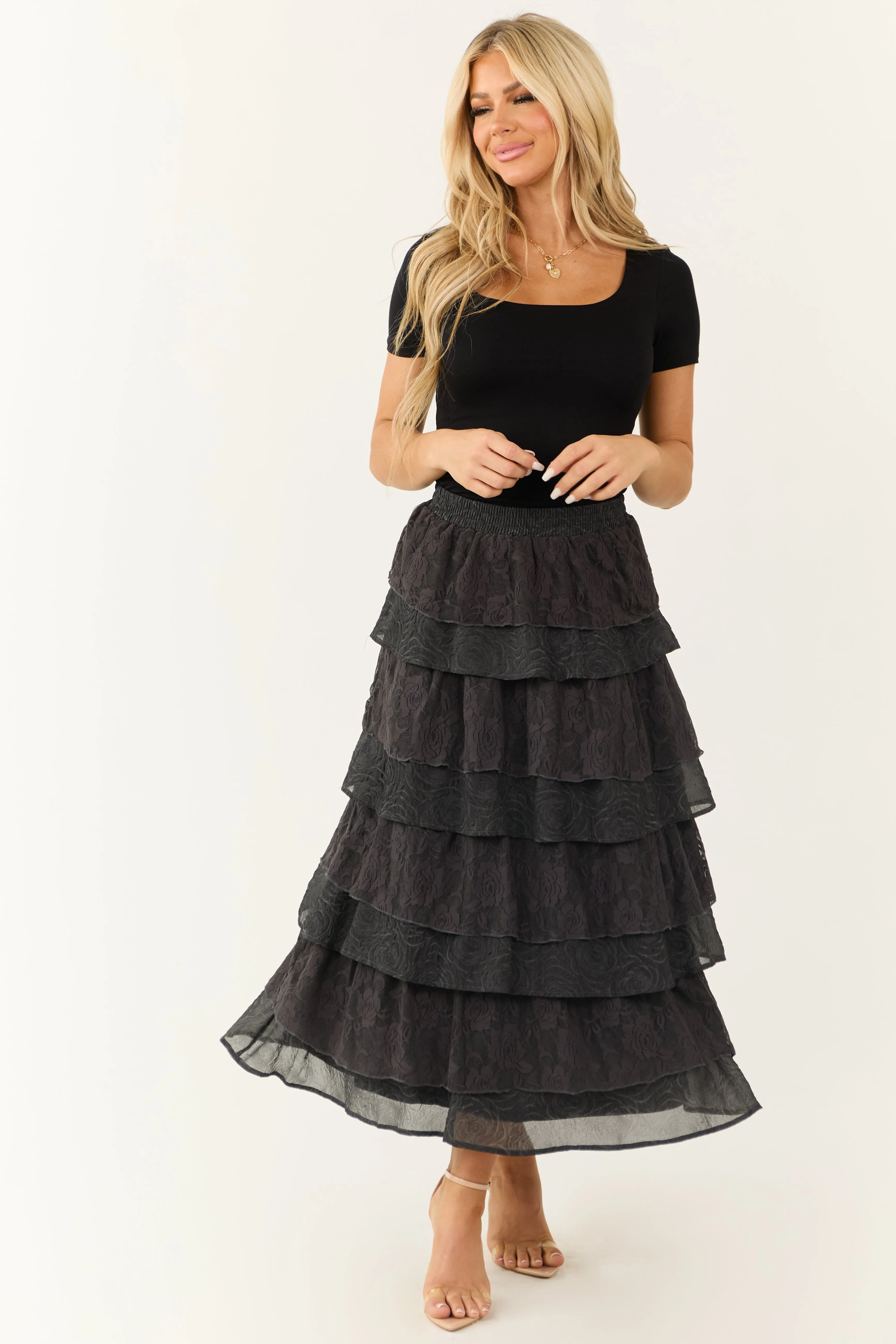 Charcoal Lace Ruffle Tiered Maxi Skirt sold by Lime Lush product image thumbnail 5