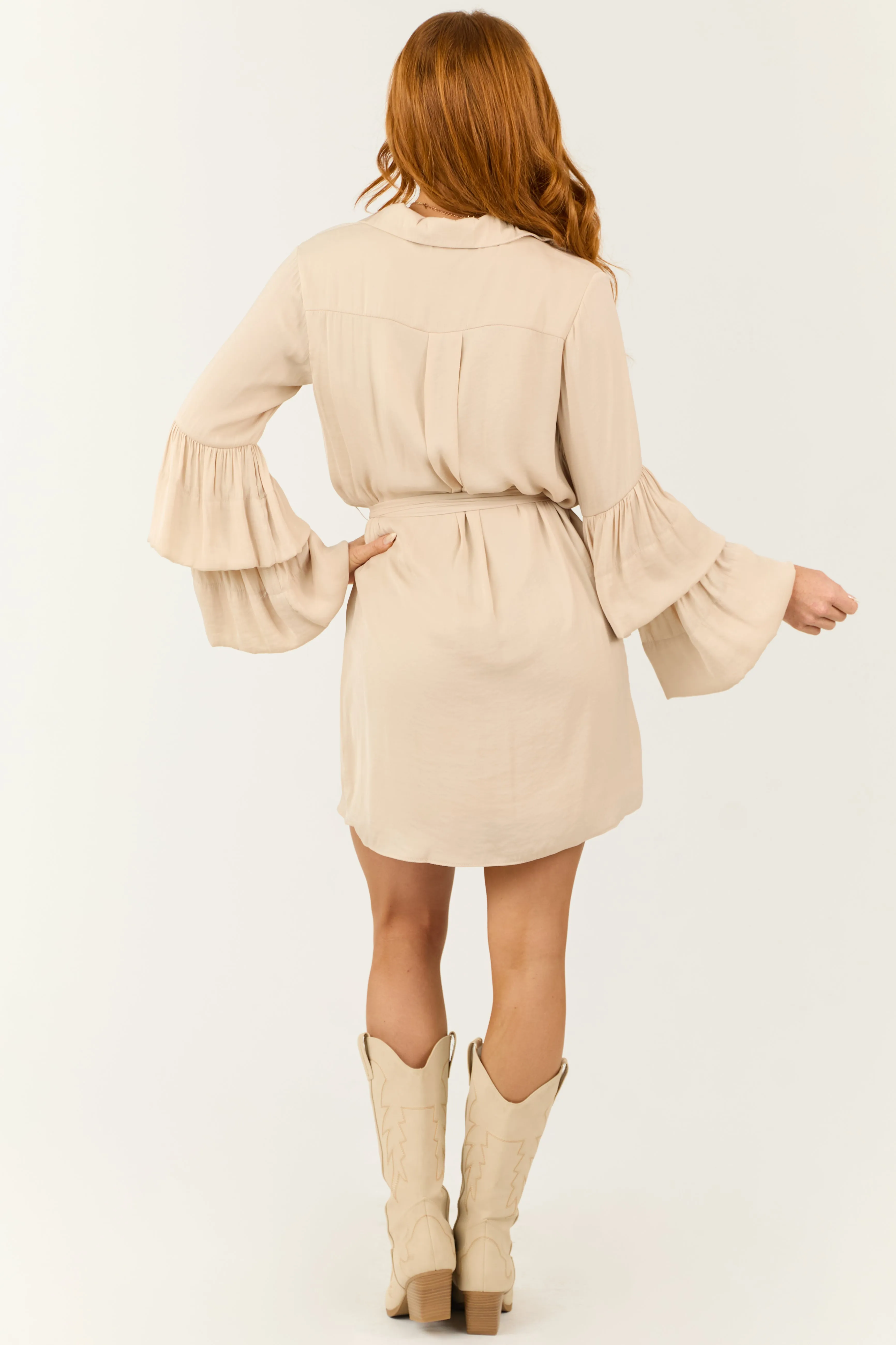 Champagne Tiered Bell Long Sleeve Short Dress sold by Lime Lush product image thumbnail 5