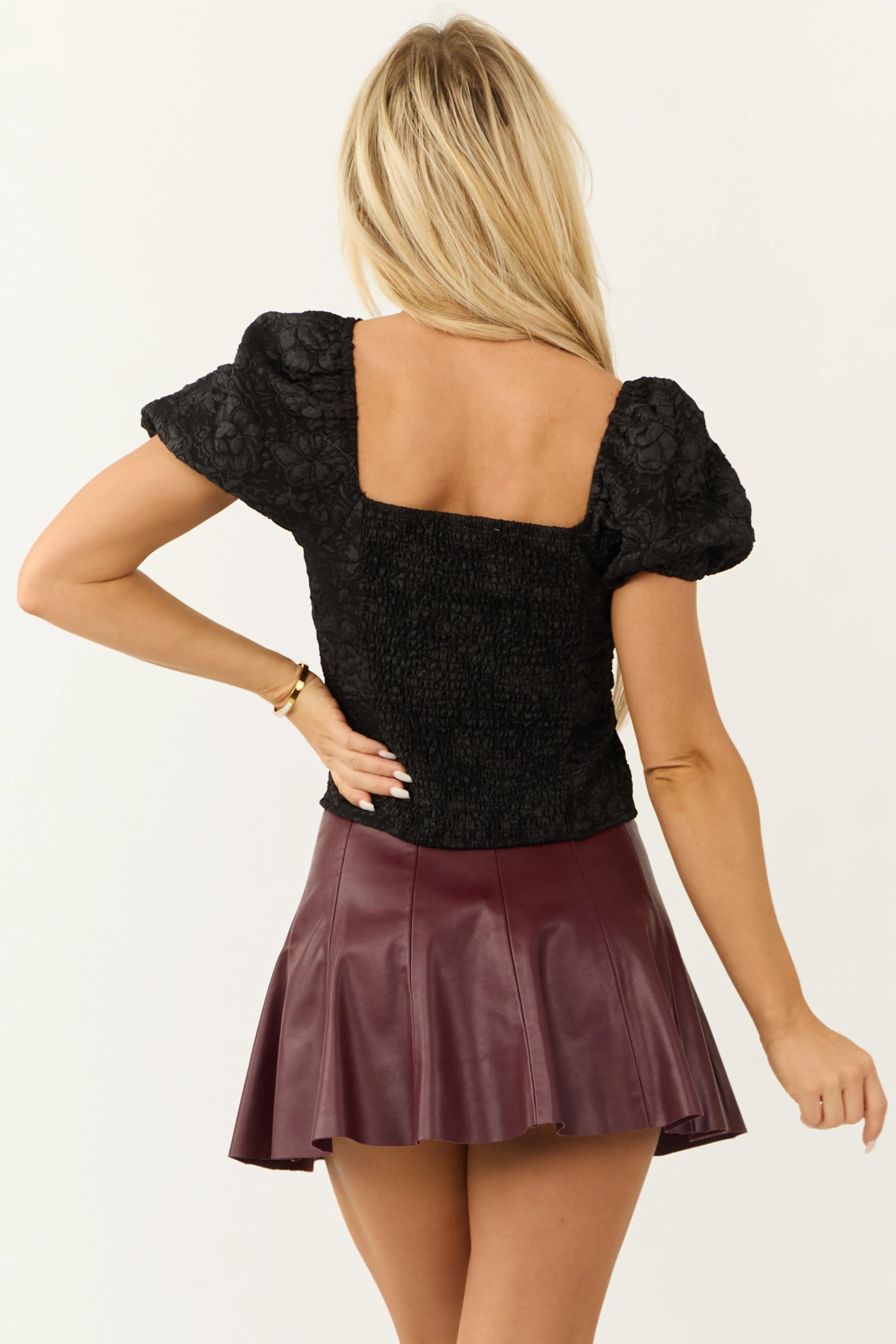 Black Jacquard Puff Sleeve Square Neck Cropped Top sold by Lime Lush product image thumbnail 5