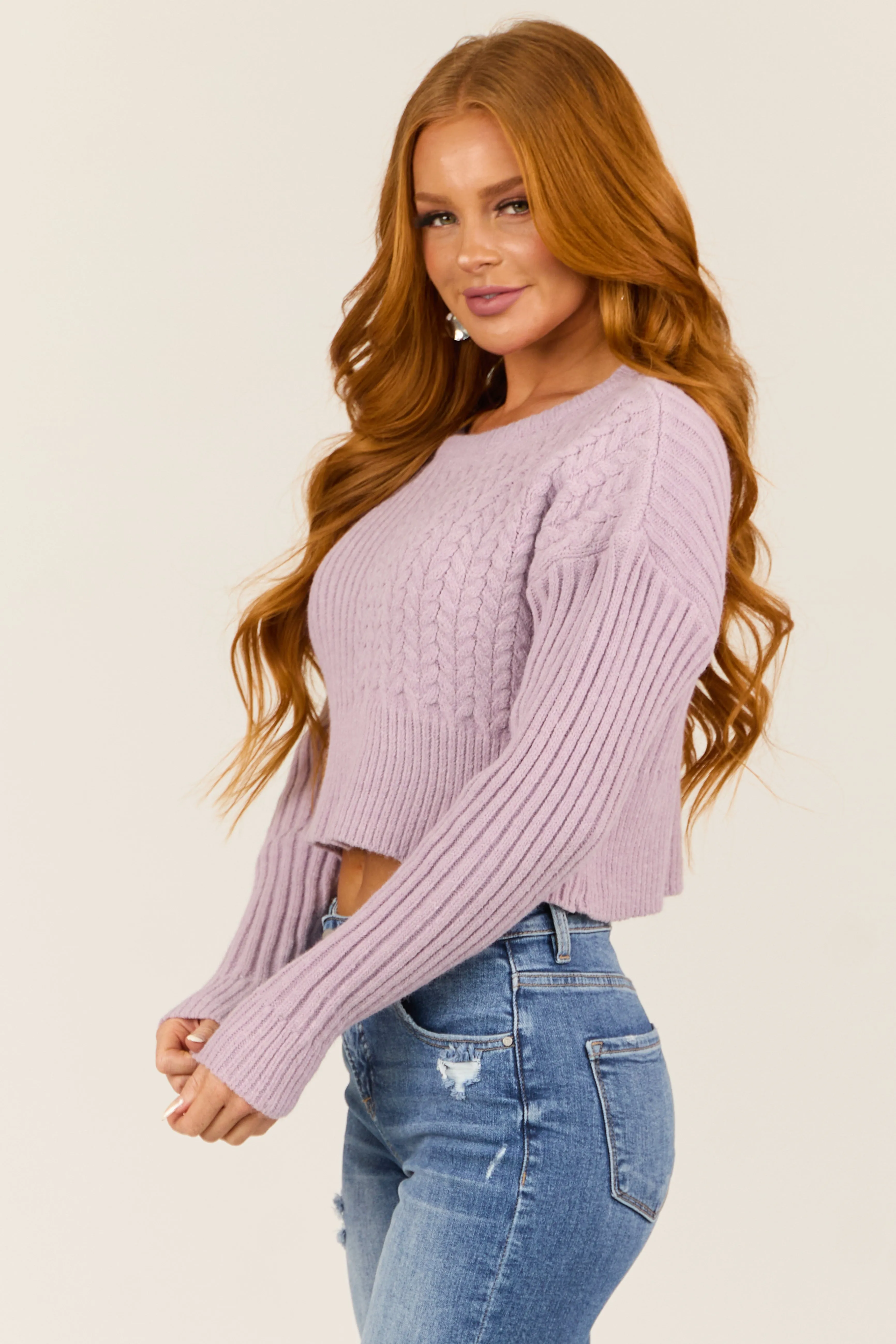 Lilac Ribbed and Cable Knit Long Sleeve Sweater sold by Lime Lush product image thumbnail 4