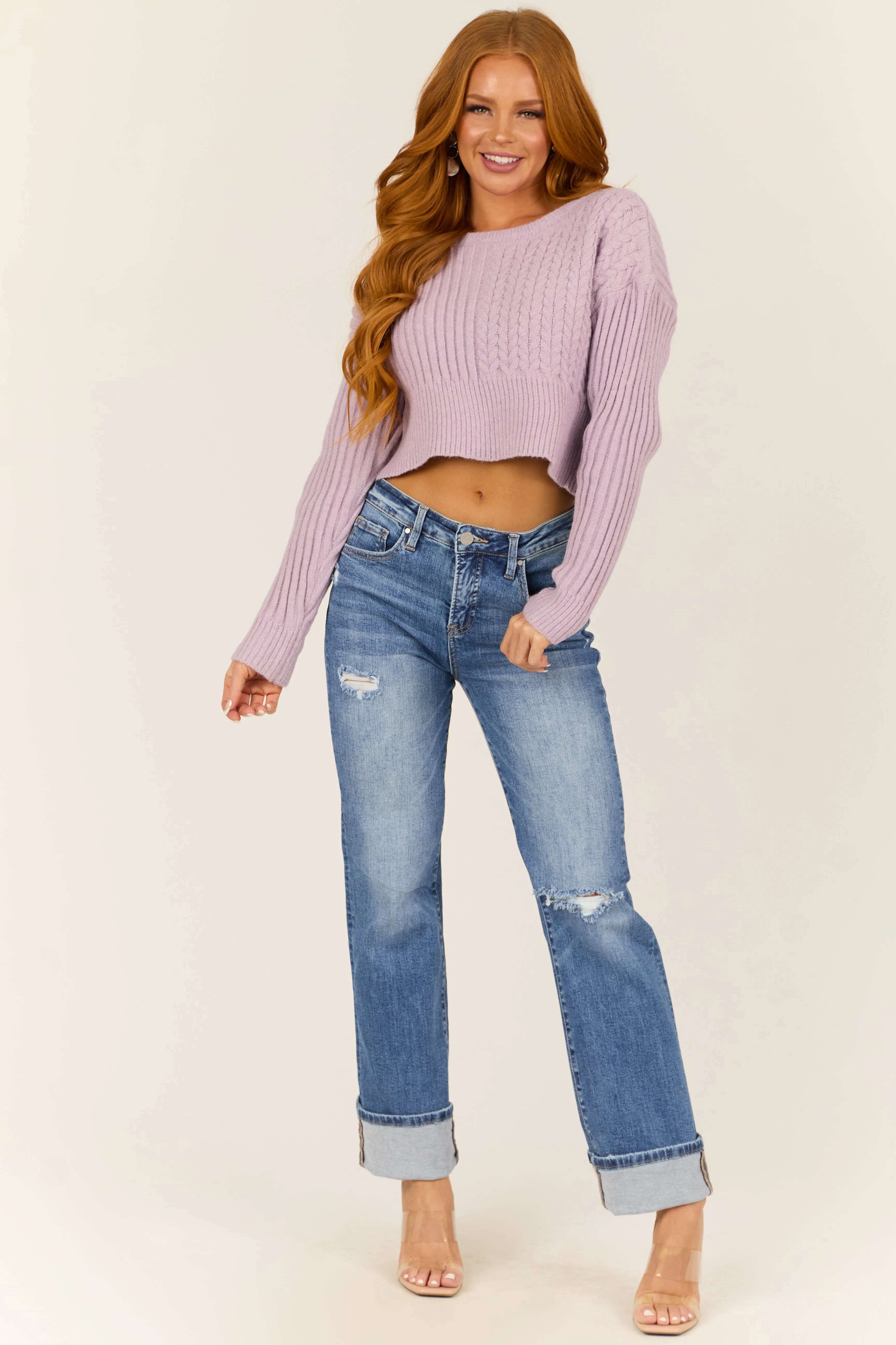 Lilac Ribbed and Cable Knit Long Sleeve Sweater sold by Lime Lush product image thumbnail 2