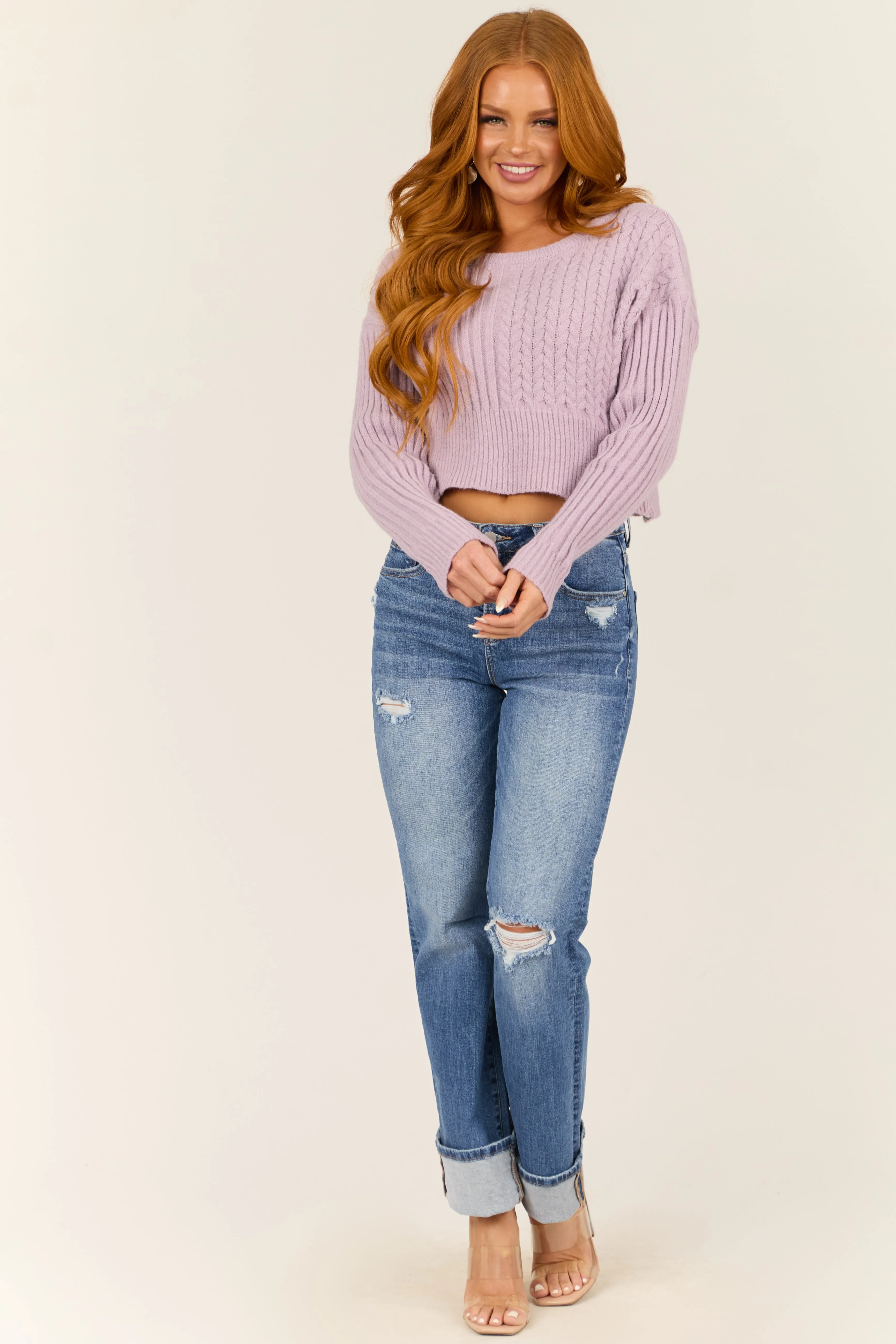 Lilac Ribbed and Cable Knit Long Sleeve Sweater sold by Lime Lush product image thumbnail 3