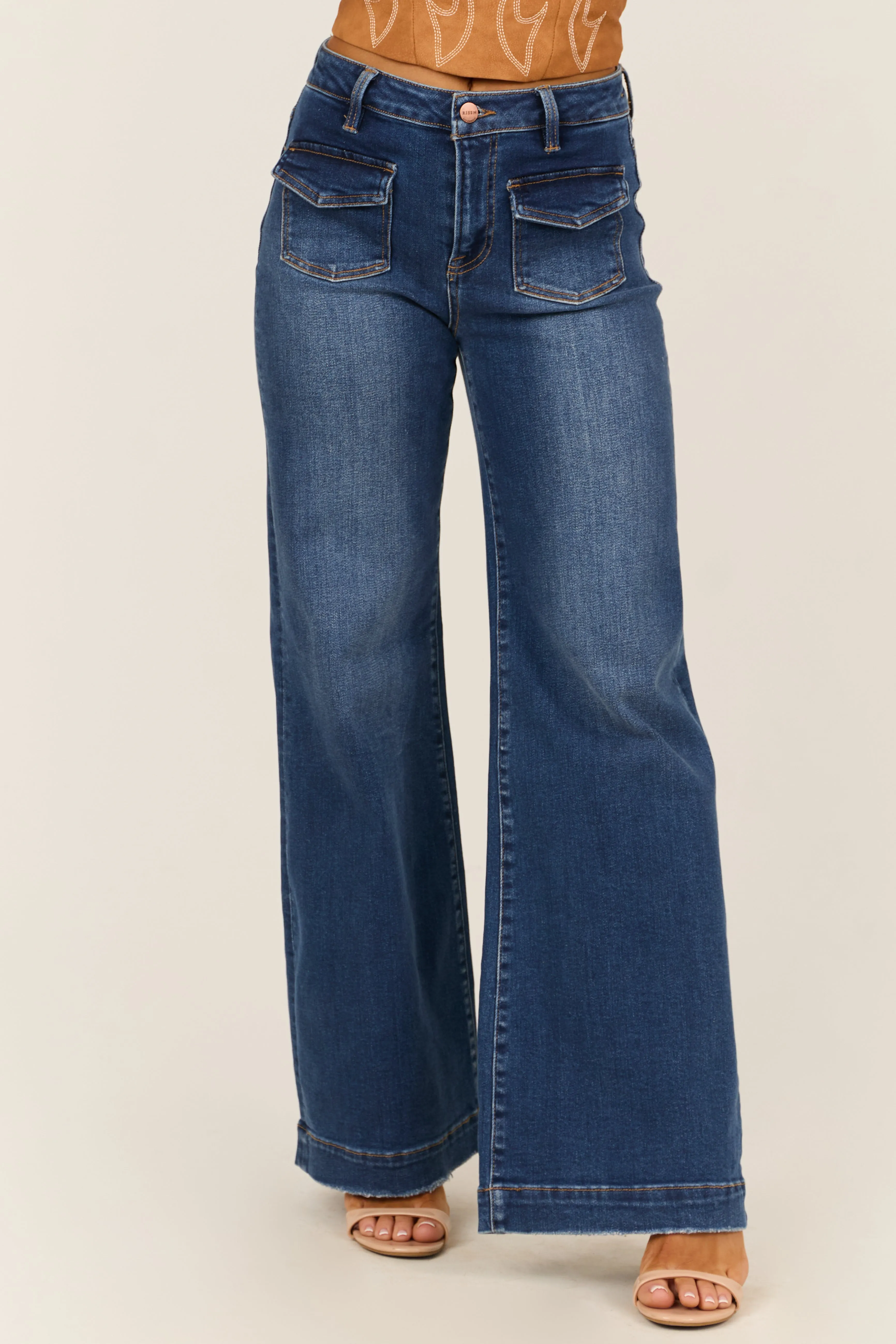Risen Dark Wash Front Patch Pocket Wide Leg Jeans sold by Lime Lush