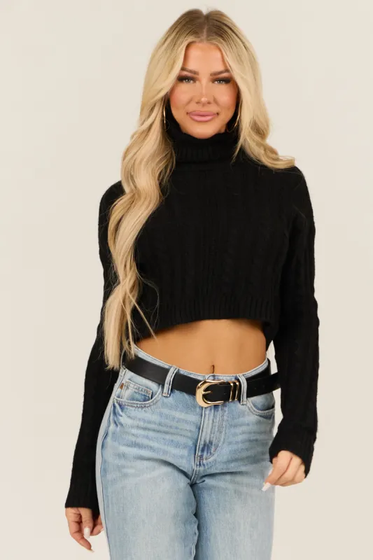 Black Cropped Cable Knit Turtleneck Sweater sold by Lime Lush
