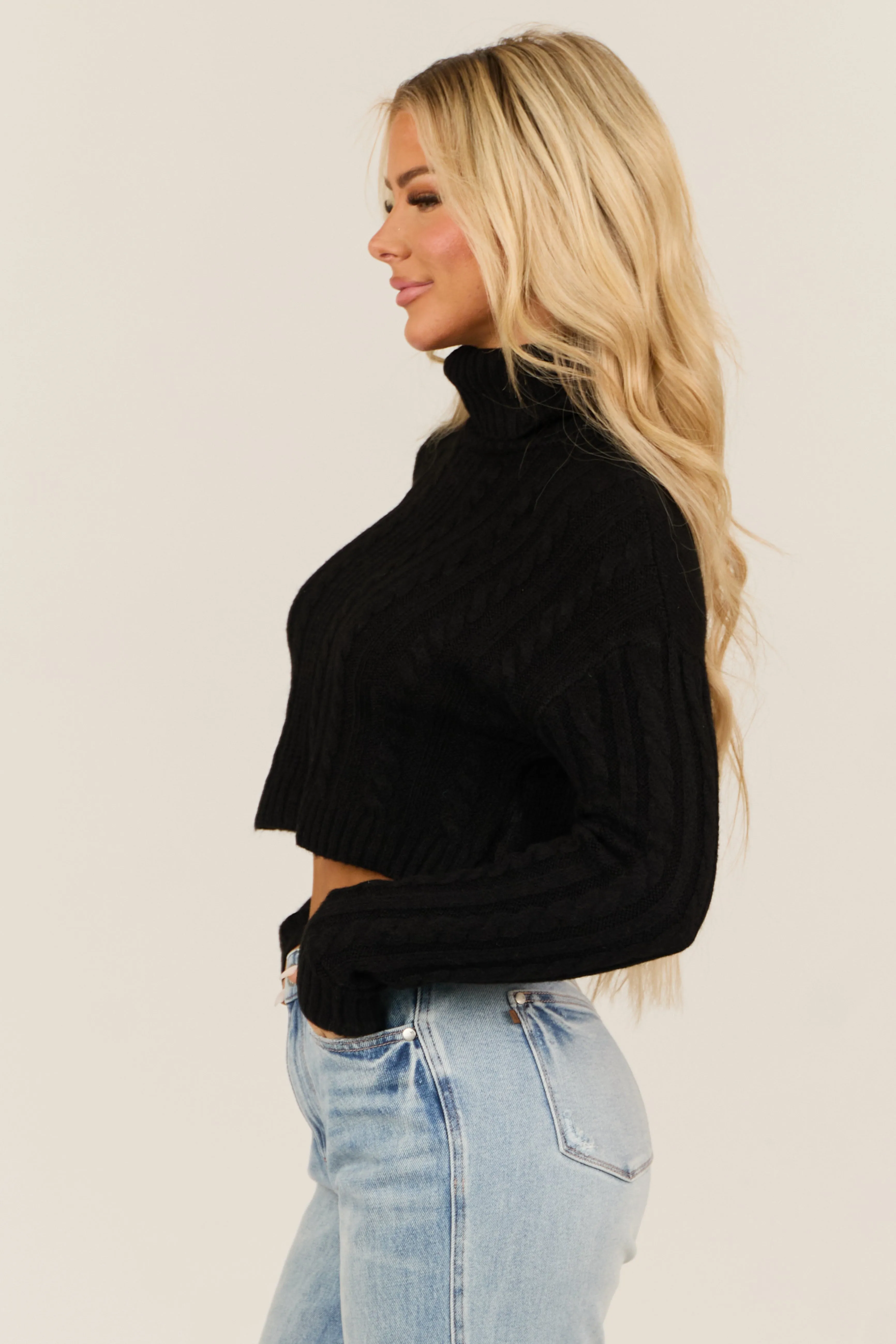 Black Cropped Cable Knit Turtleneck Sweater sold by Lime Lush product image thumbnail 4