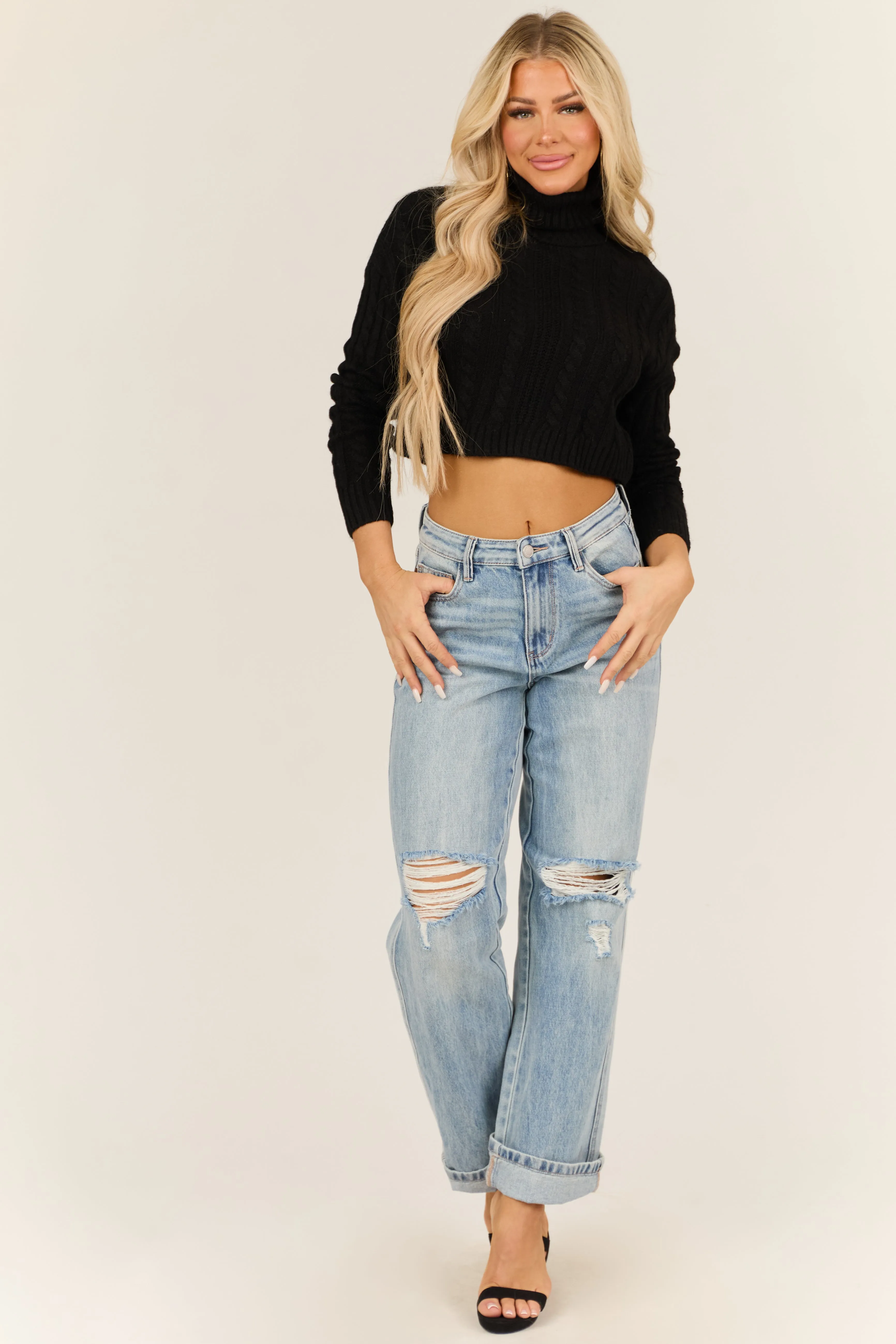 Black Cropped Cable Knit Turtleneck Sweater sold by Lime Lush product image thumbnail 3