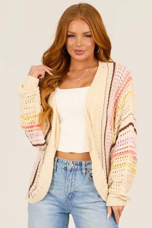 Cream Striped Open Front Crochet Cardigan sold by Lime Lush