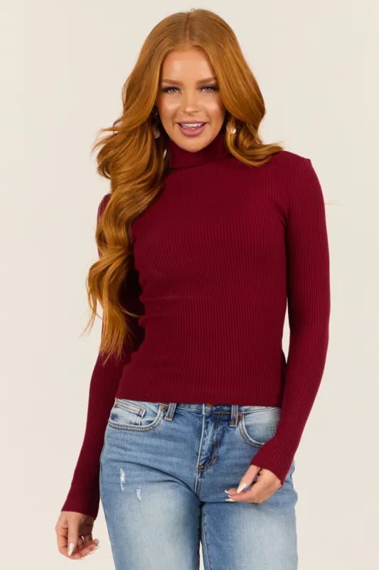 Maroon Turtleneck Ribbed Long Sleeve Top sold by Lime Lush
