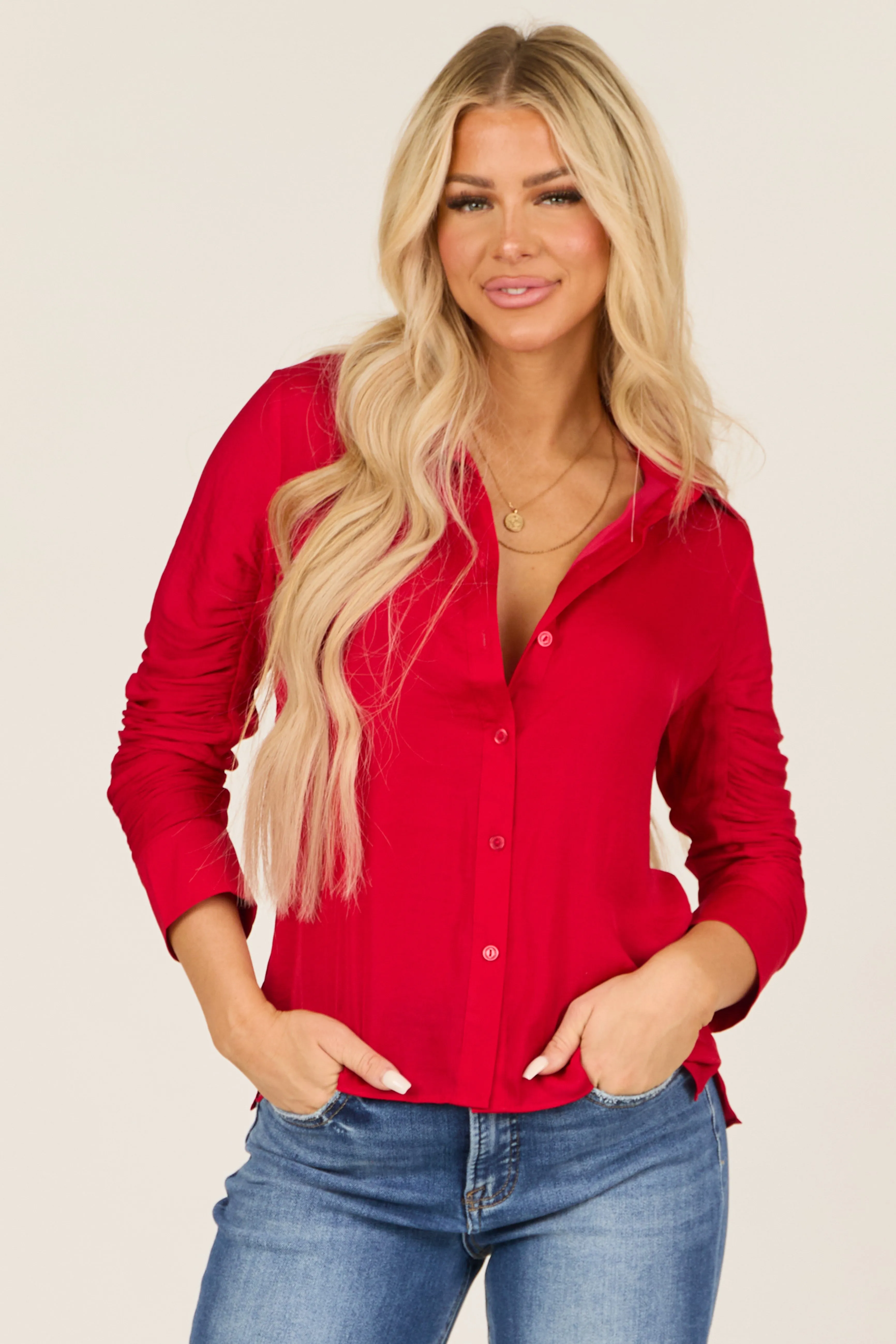 Candy Apple Red Ruched Long Sleeve Top sold by Lime Lush product image thumbnail 2