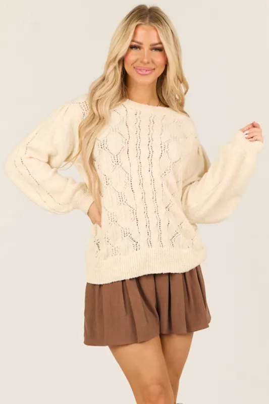 Cream Long Sleeve Pointelle Knit Crew Neck Sweater sold by Lime Lush