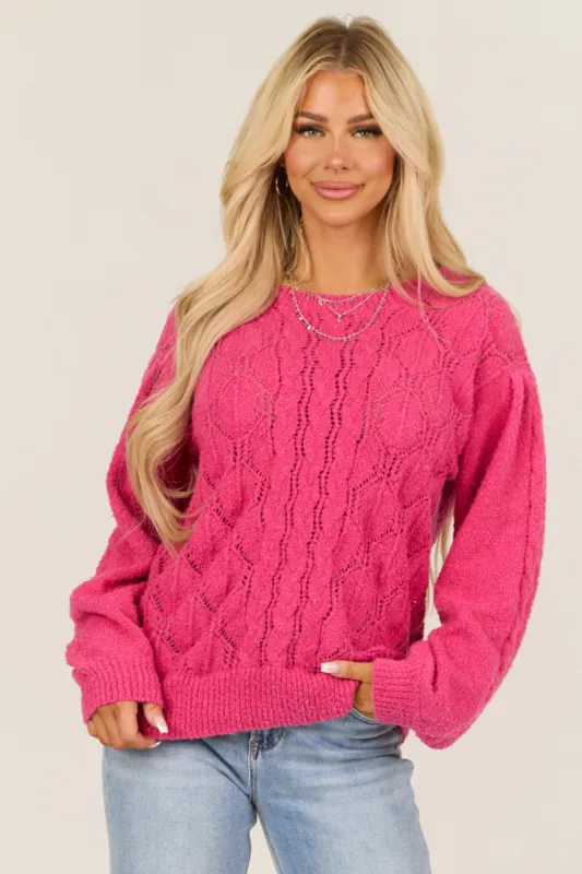 Hot Pink Long Sleeve Pointelle Knit Crew Neck Sweater sold by Lime Lush