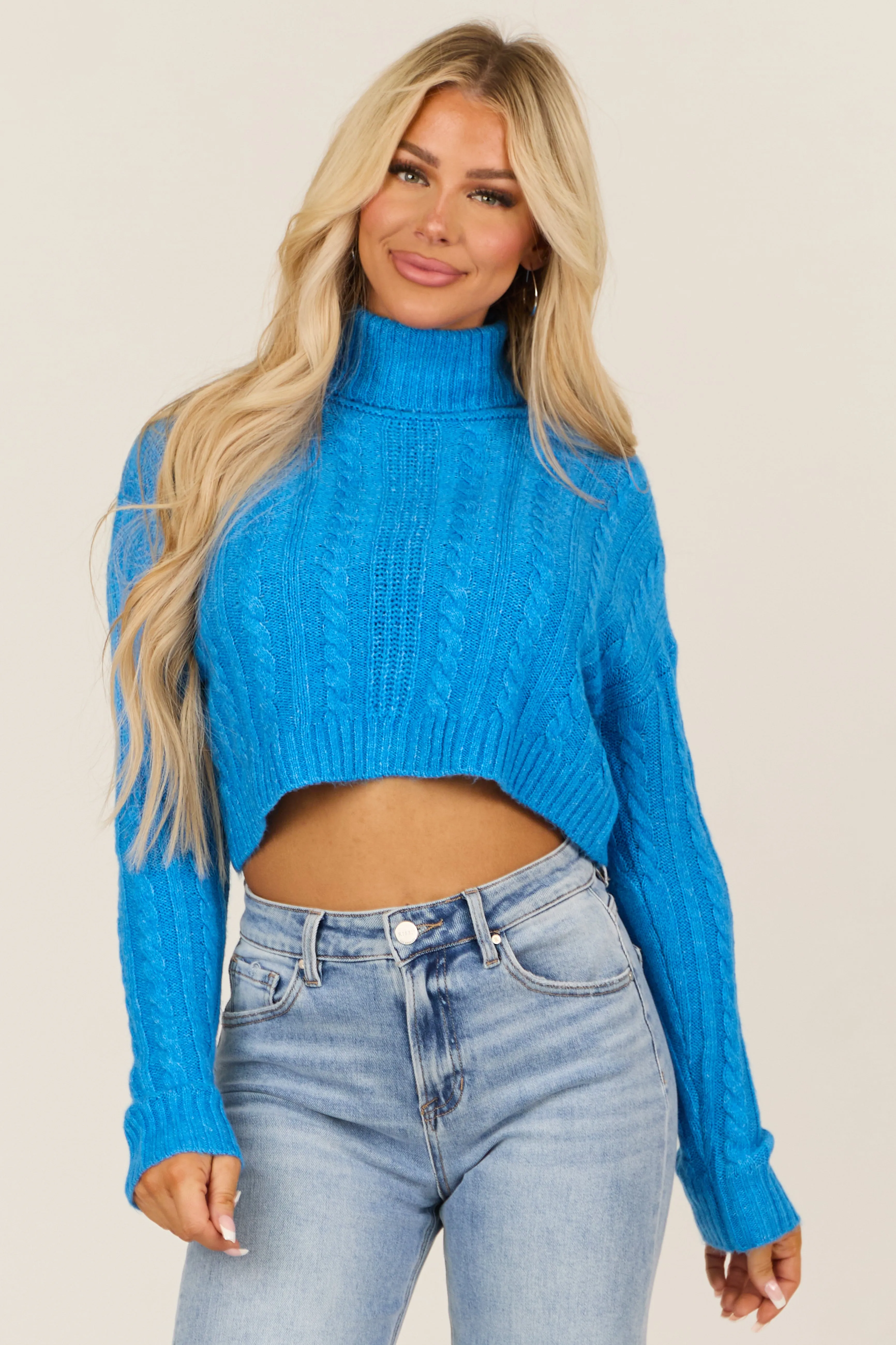 Azure Cropped Cable Knit Turtleneck Sweater sold by Lime Lush product image thumbnail 2